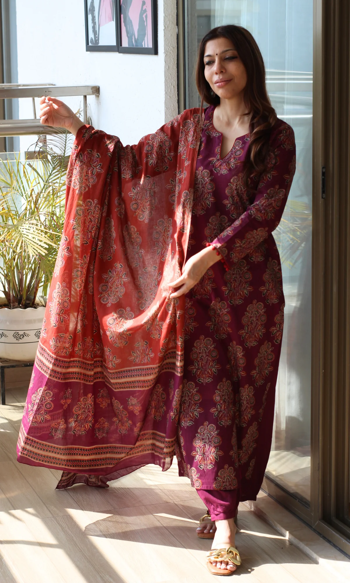 Cotton Burgandy & Rust Mughal Print Kurta, Dupatta with Afgani Pants - Image 2