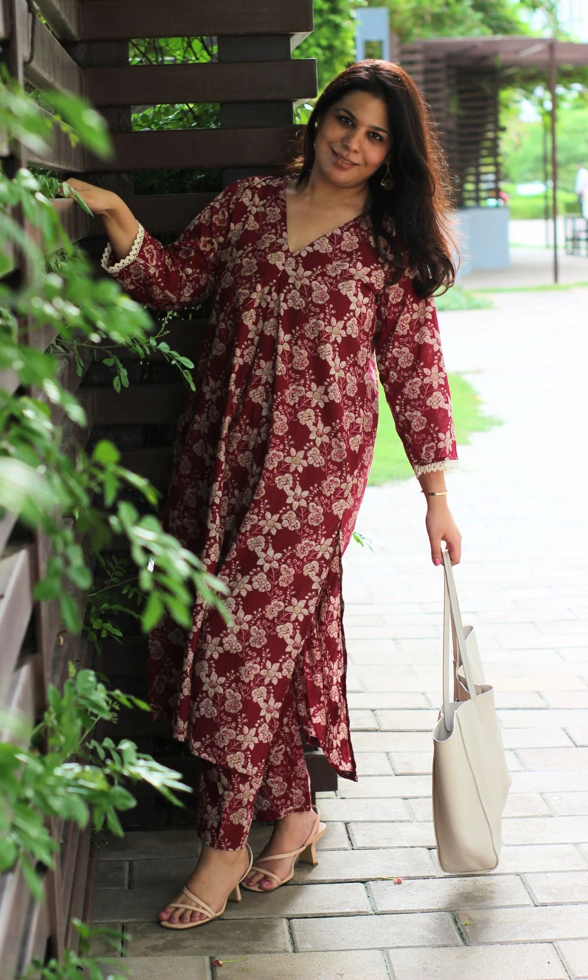 Cotton Burgundy Pleated Coord Set - Image 4