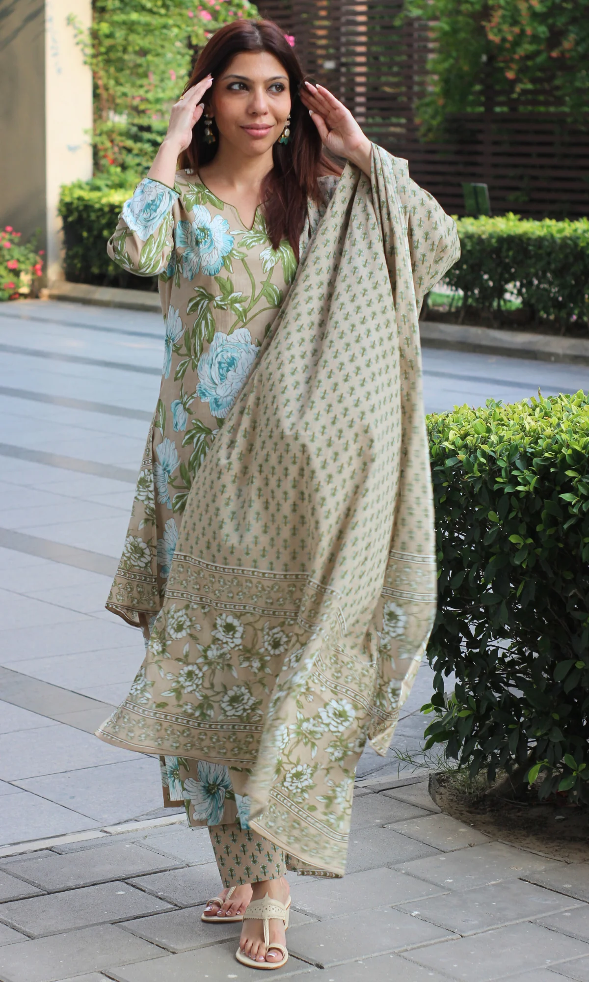 Cotton Caramel Bloom Print Suit with Cotton Printed Dupatta - Image 3
