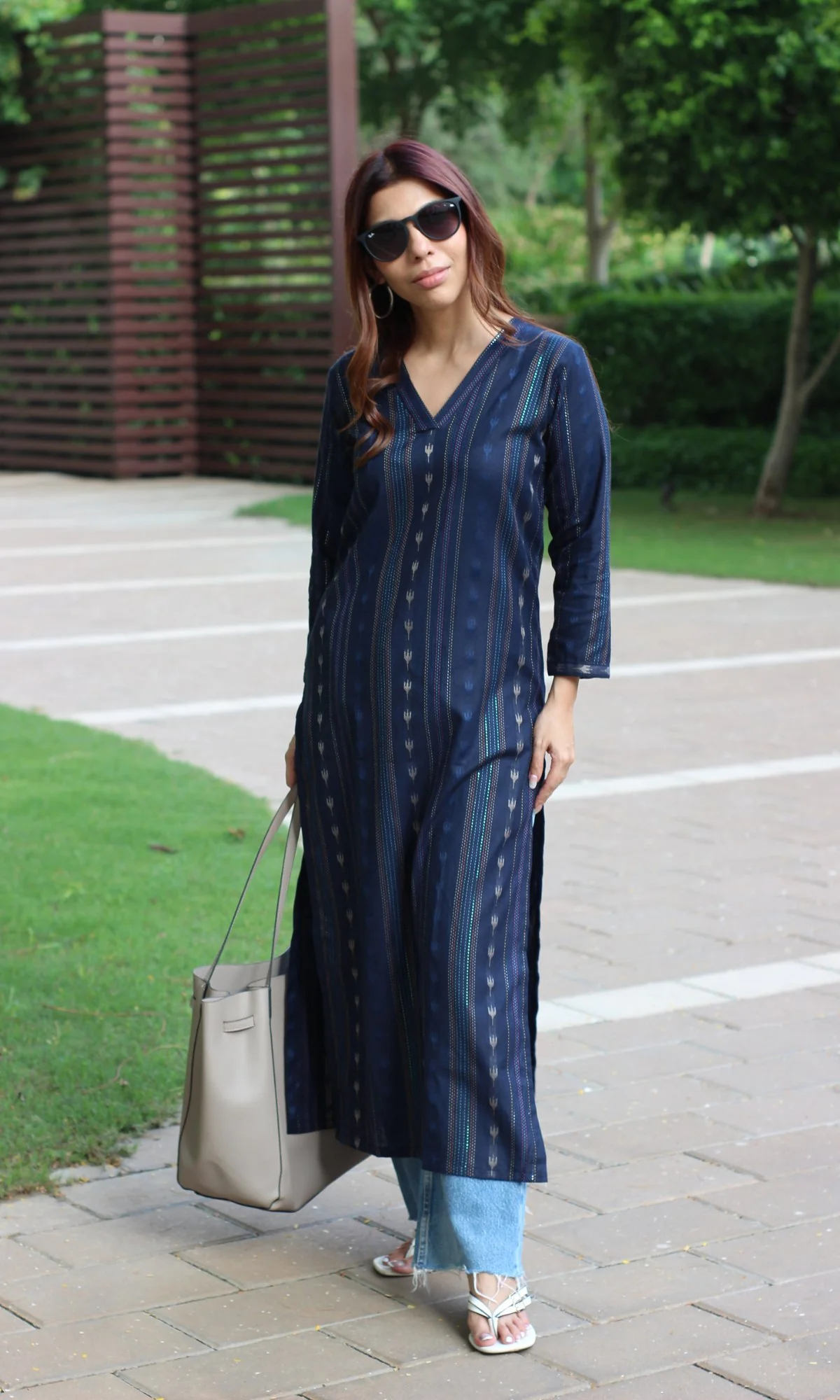 Cotton Navy Blue Ikkat Weaved Kurta - Image 5