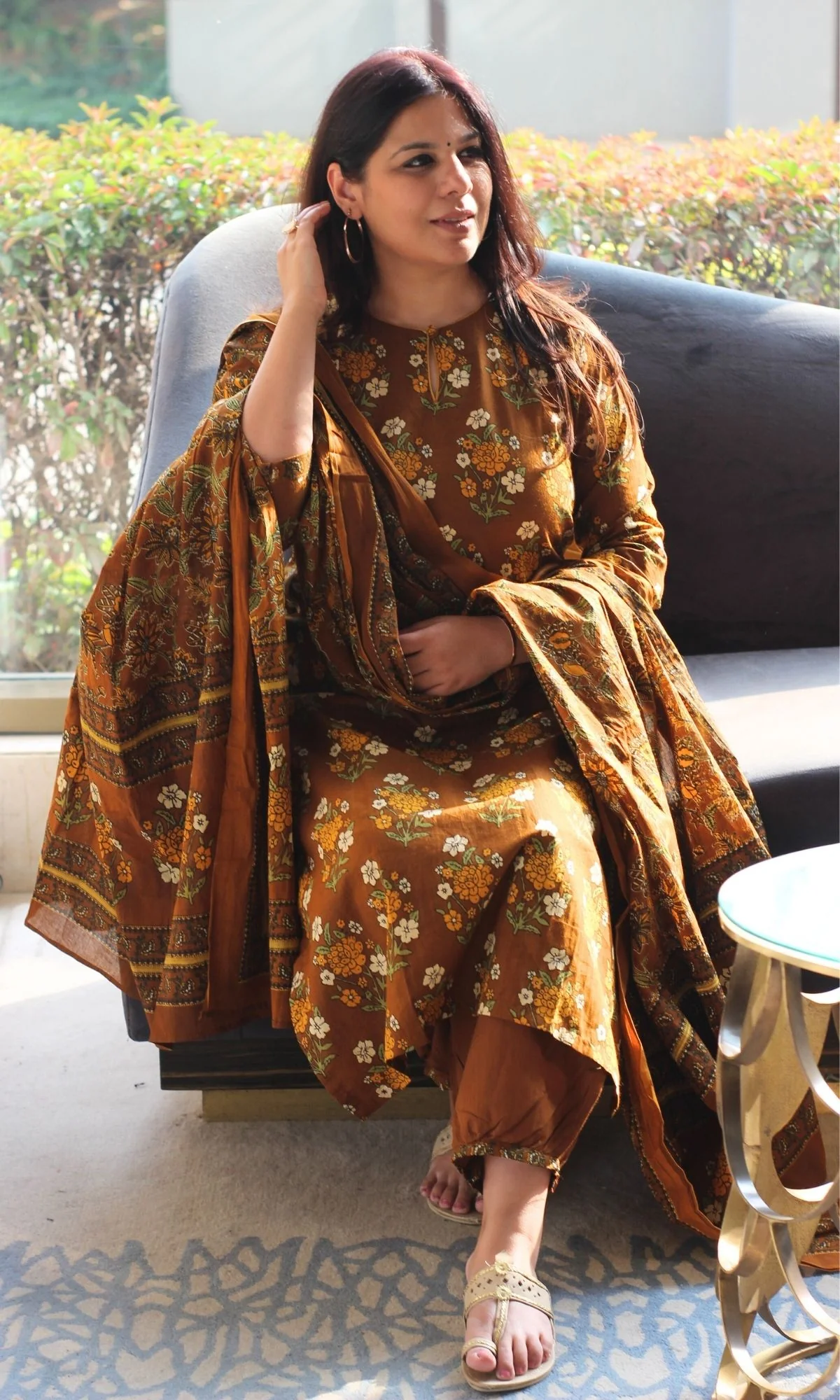 Cotton Coffee Mughal Print Suit with Afghani Pants & Mul Printed Dupatta - Image 6