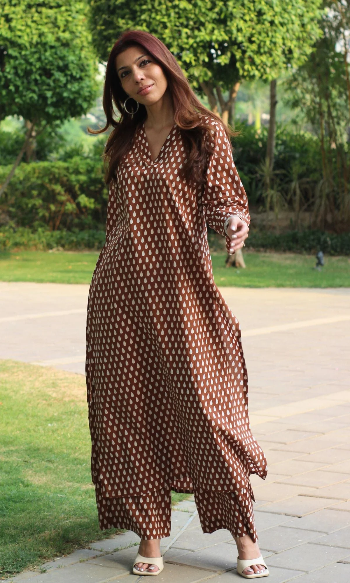 Cotton Coffee Printed A-line Kurta and Plazo Set - Image 5