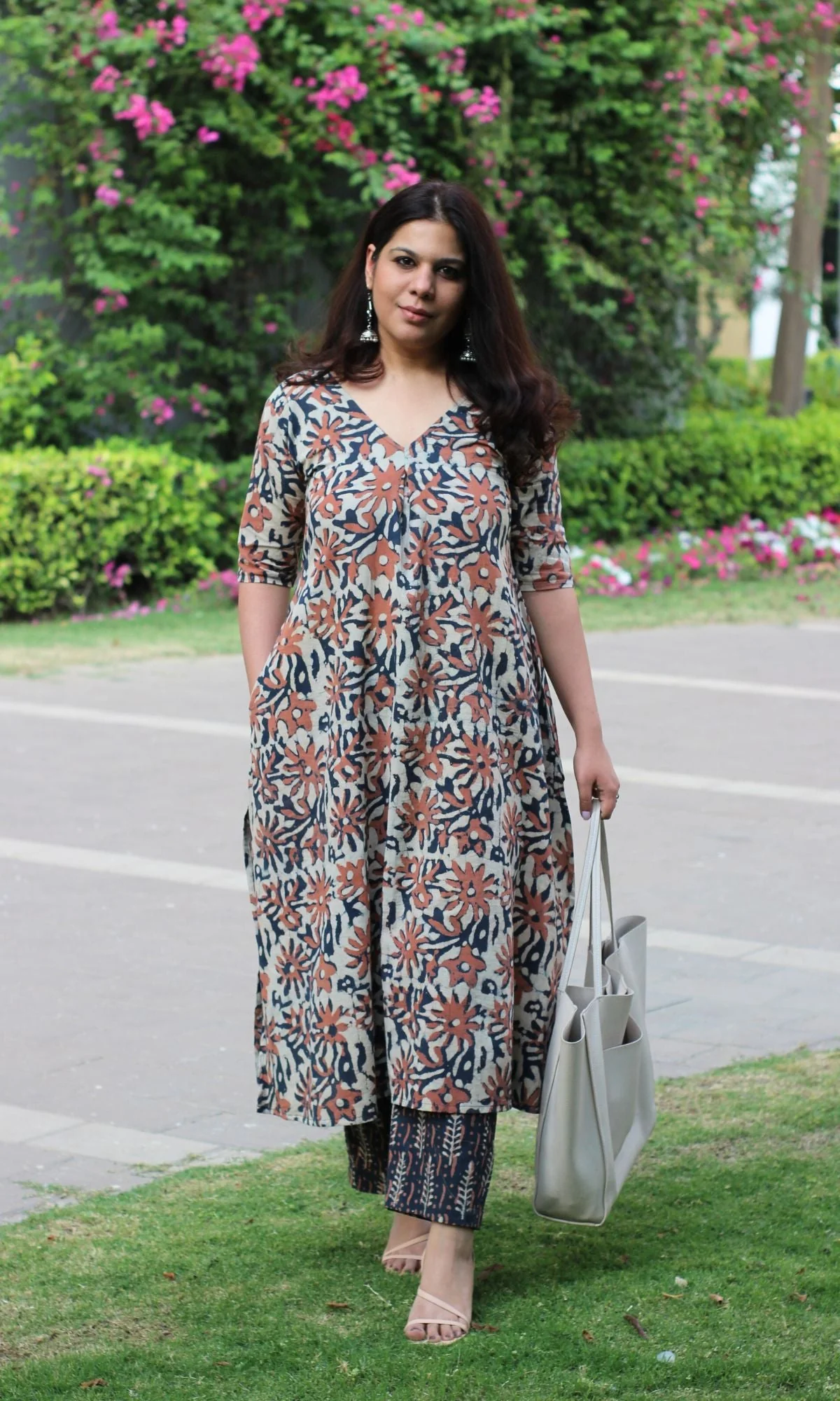Cotton Dabu Print Beige and Peach Box Pleat Kurta and Pants