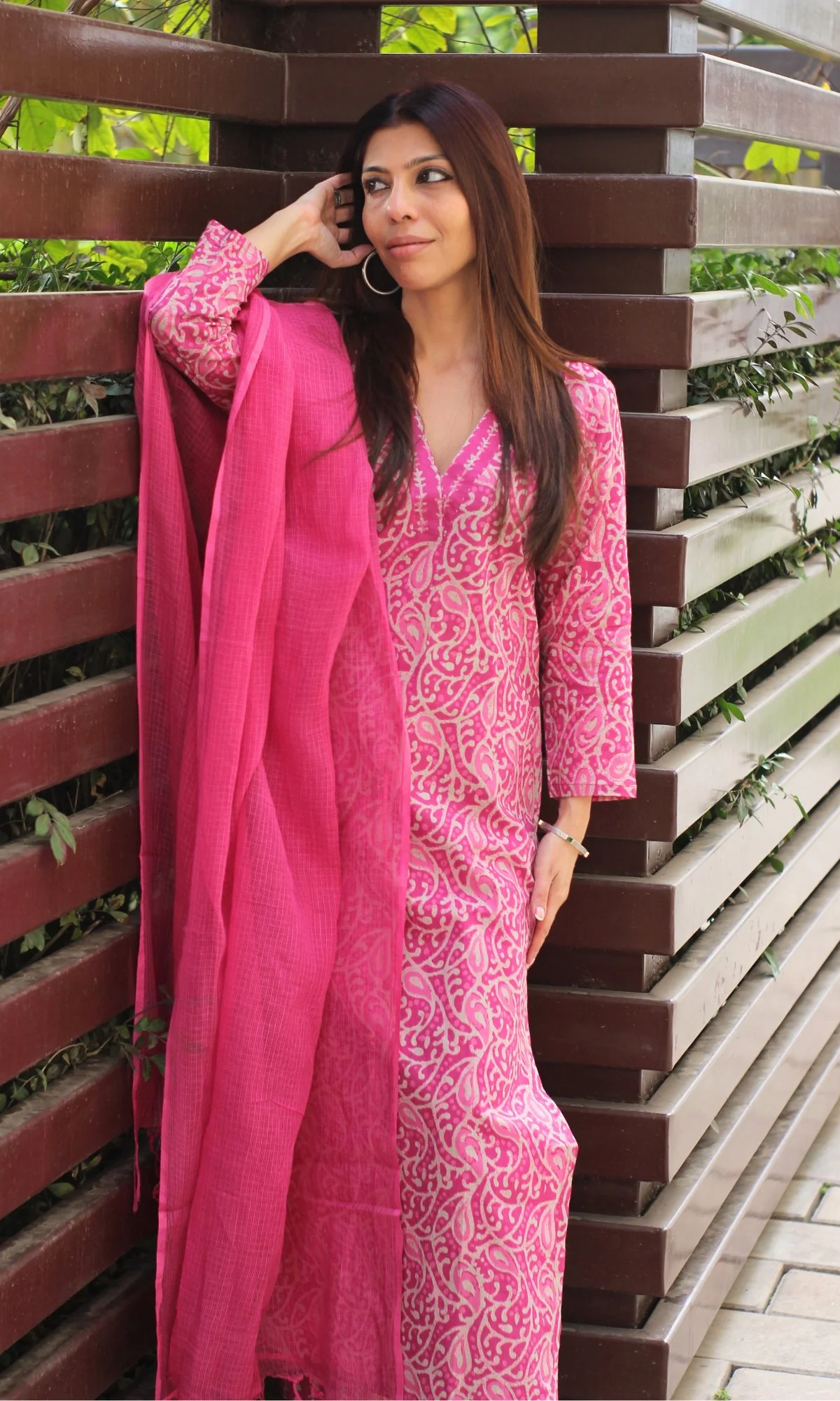 Cotton Dabu Print Pink Suit Set with Kota Doria Dupatta