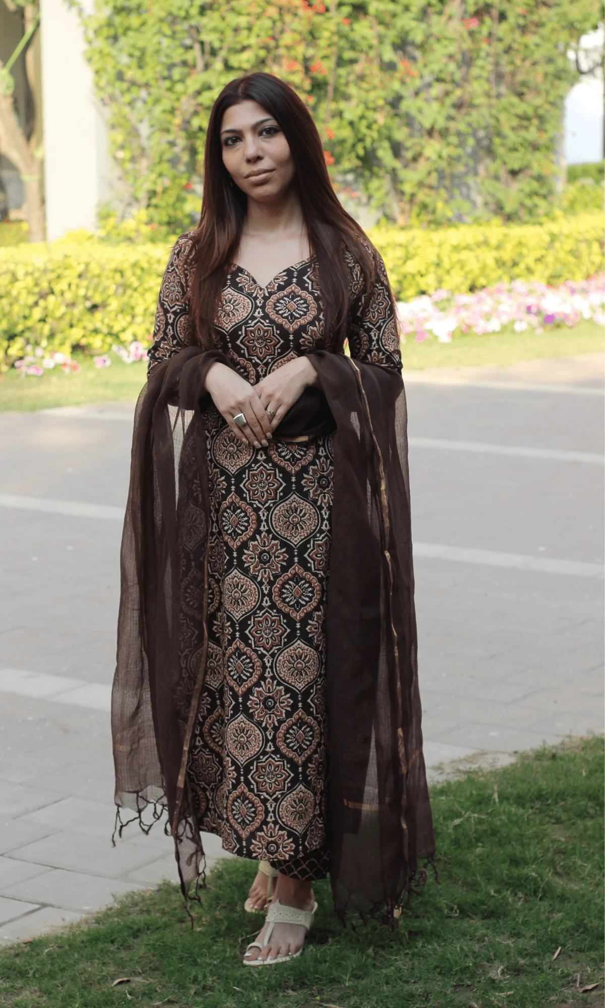 Cotton Dark Brown Ajrakh Print Suit with Kota Doria Dupatta