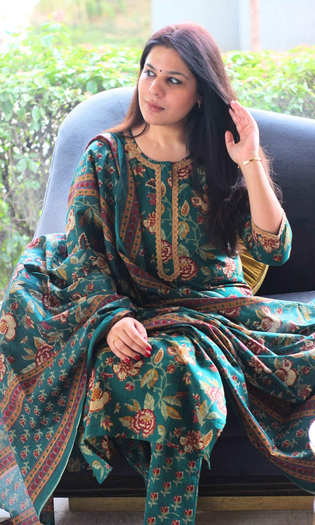 Cotton Deep Green Printed Suit Set with Printed Cotton Dupatta