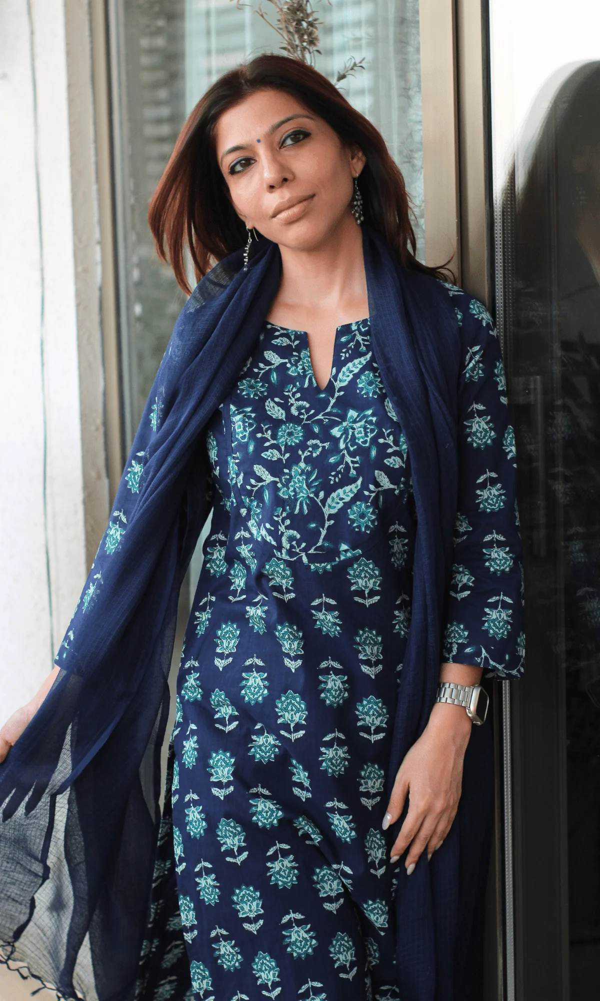 Cotton Deep Blue Sanganeri Print Suit with Kota Doria Dupatta - Image 5
