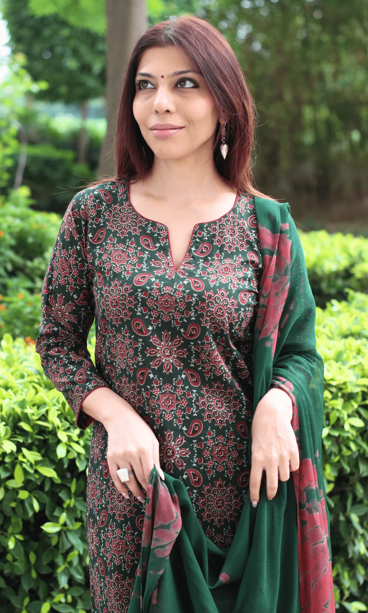 Cotton Deep Green & Red Ajrakh Print Kurta, Solid Pants & Shibori Chiffon Dupatta - Image 3