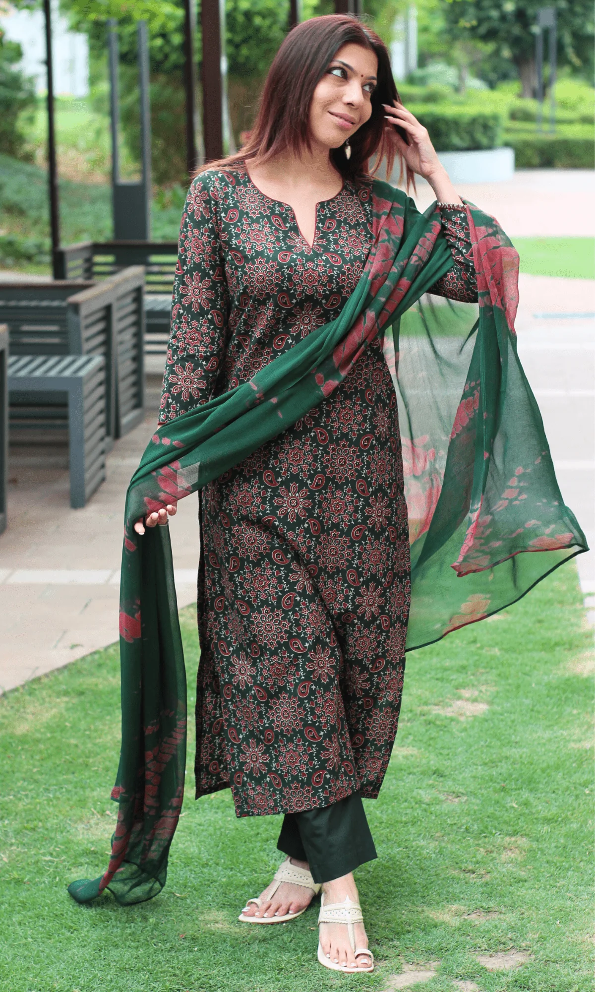Cotton Deep Green & Red Ajrakh Print Kurta, Solid Pants & Shibori Chiffon Dupatta - Image 5
