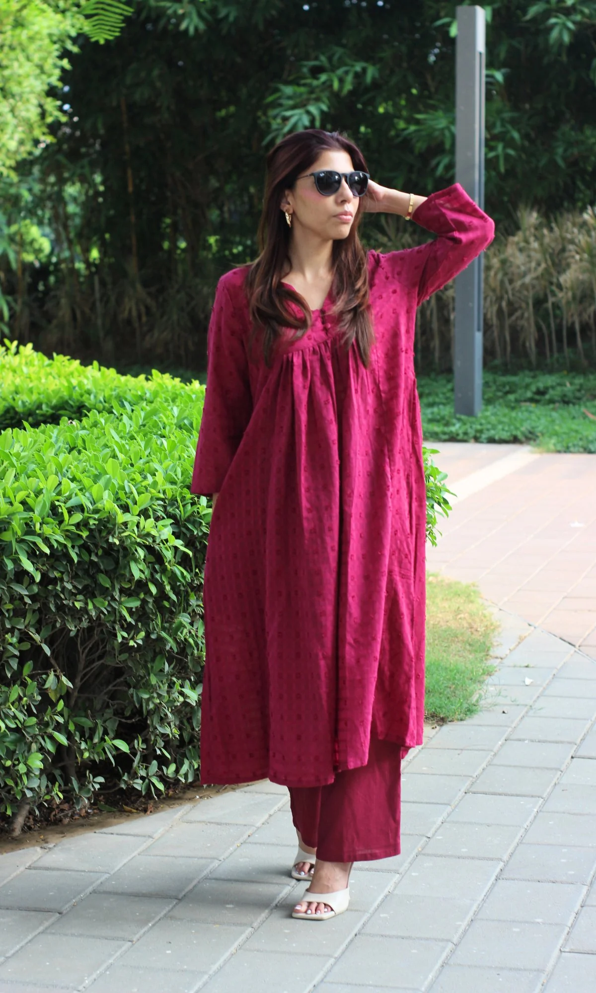 Cotton Dobby Pleated Buttoned Wine Coord Set - Image 2