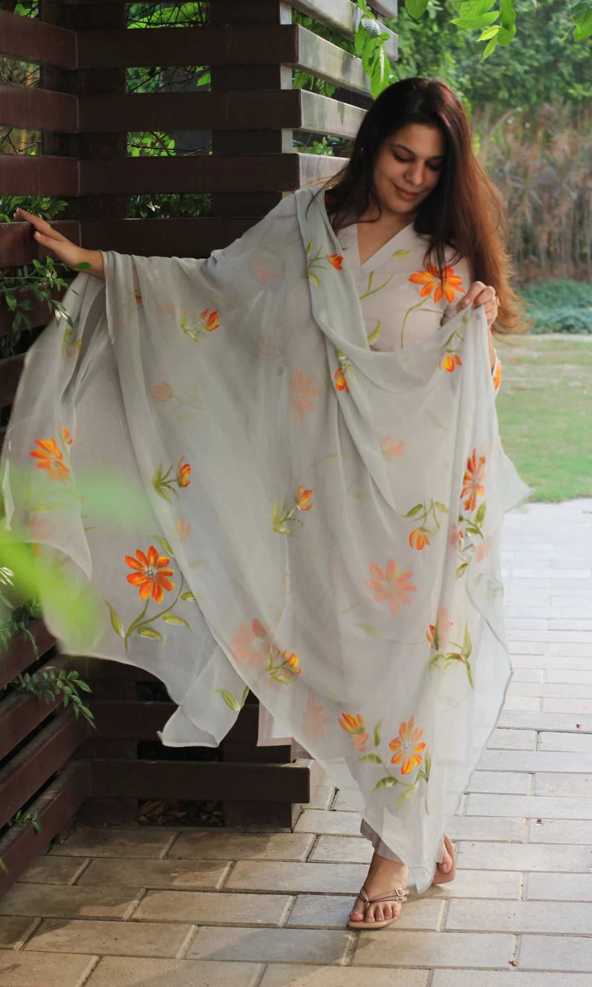 Cotton Dusty Blue Handbrush Print Suit with Chiffon Handbrush Dupatta - Image 4