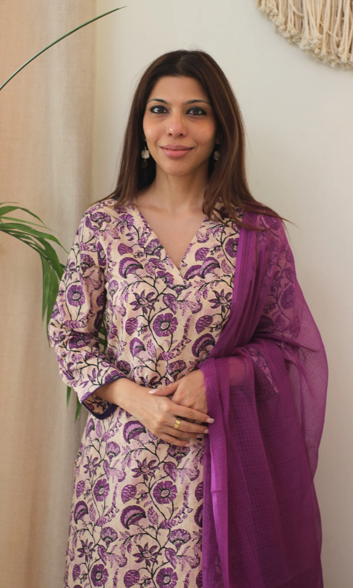 Cotton Dusty Lilac Dabu Print Kurta, Pant & Kota Doria Dupatta - Image 2