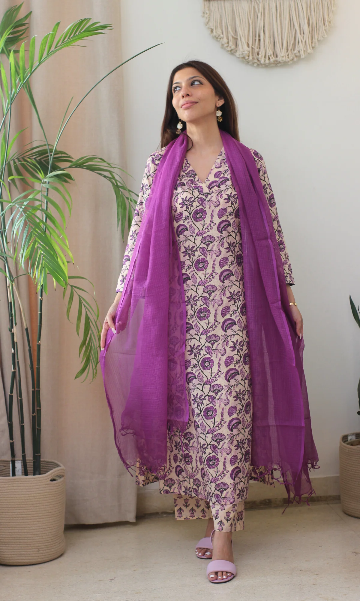 Cotton Dusty Lilac Dabu Print Kurta, Pant & Kota Doria Dupatta - Image 4