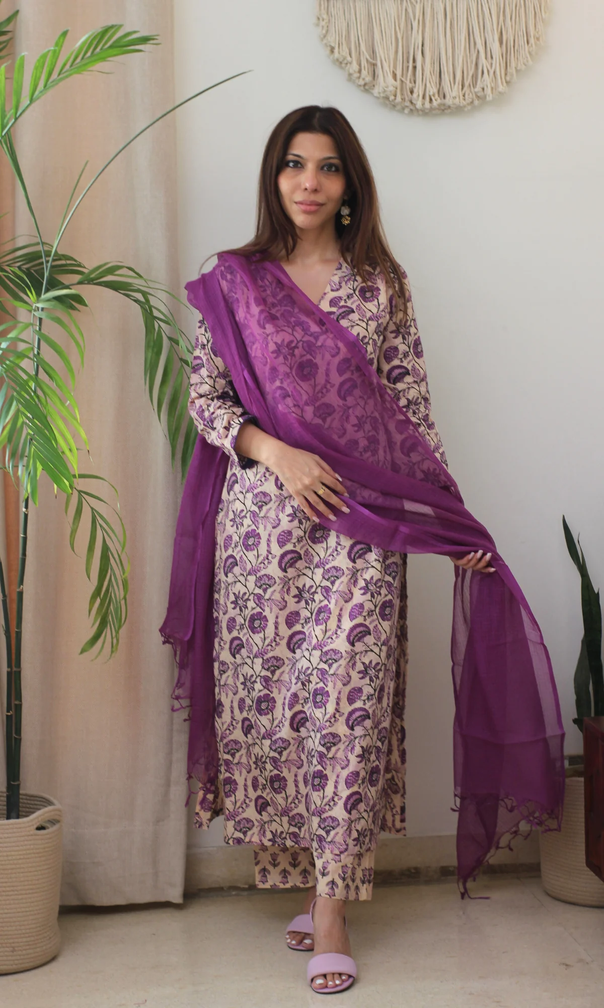 Cotton Dusty Lilac Dabu Print Kurta, Pant & Kota Doria Dupatta - Image 5