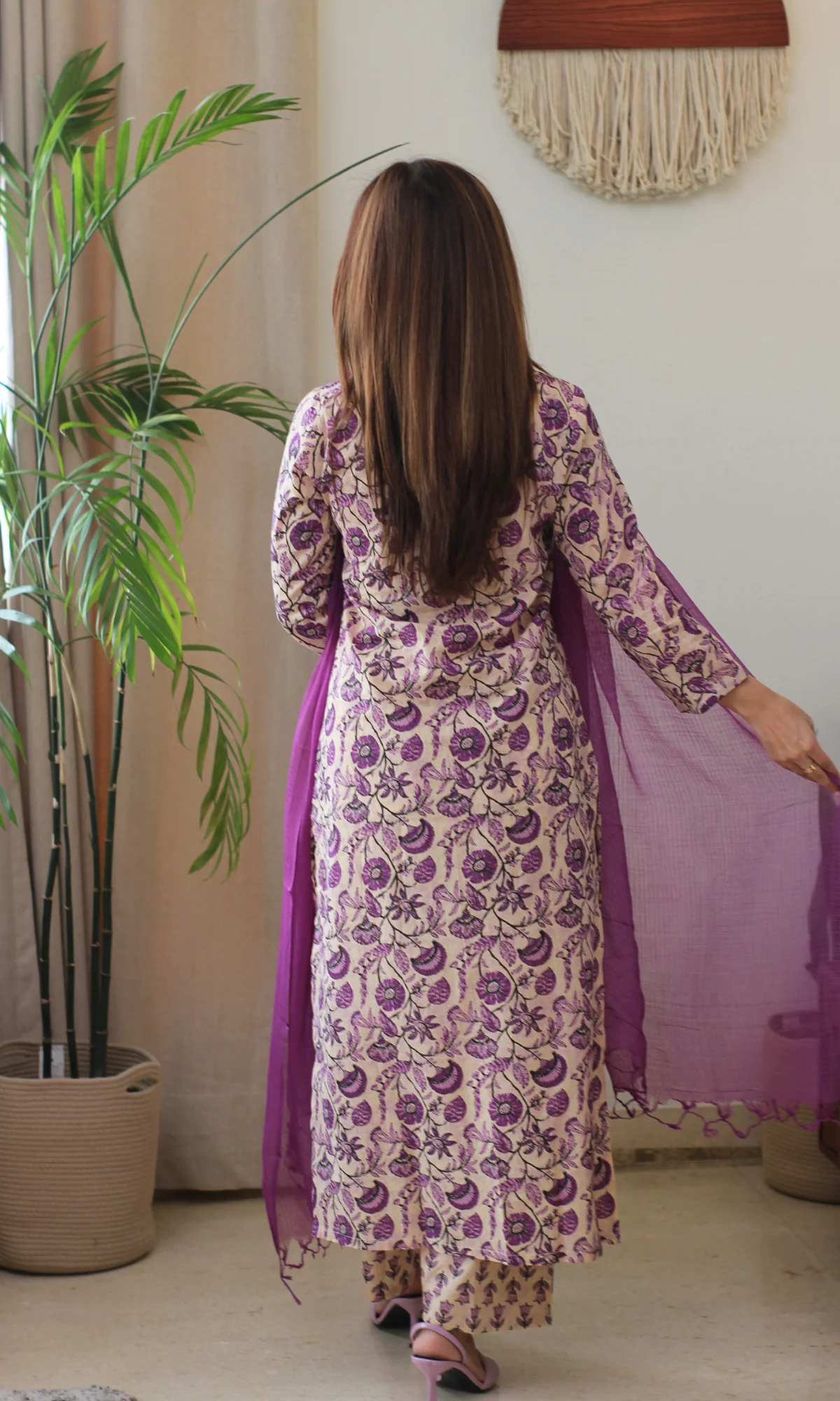 Cotton Dusty Lilac Dabu Print Kurta, Pant & Kota Doria Dupatta - Image 6