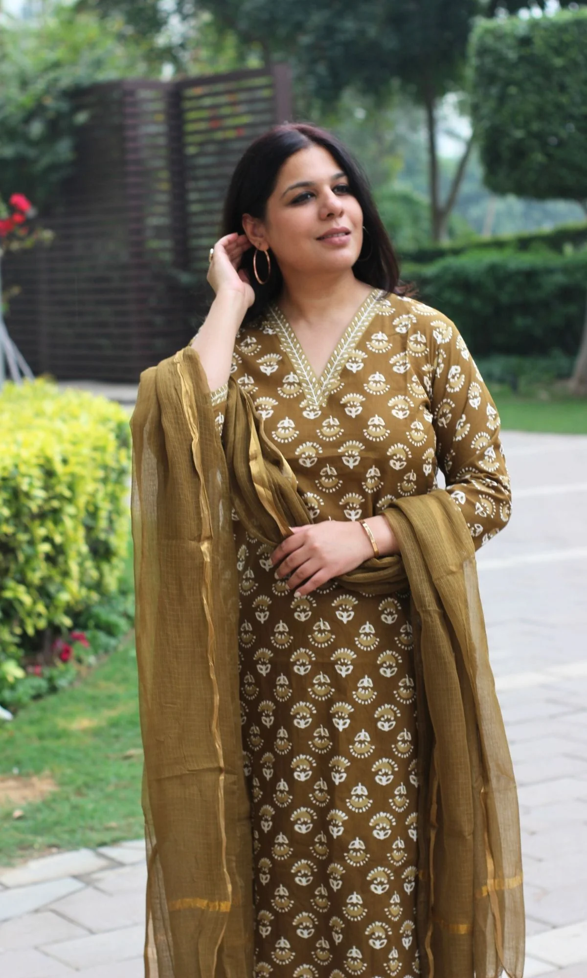 Cotton Earthy Brown Block Printed Suit Set with Kota Doria Dupatta - Image 2