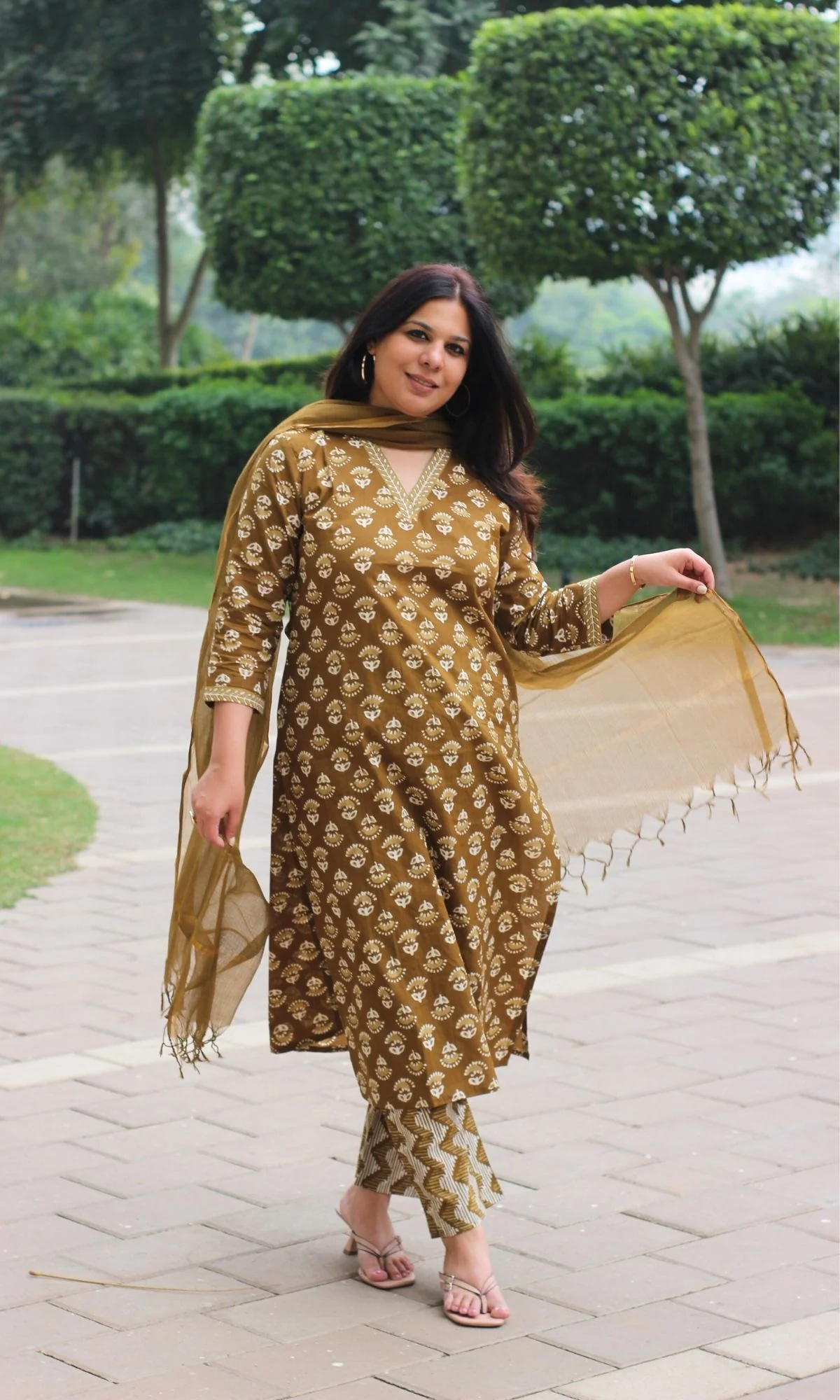Cotton Earthy Brown Block Printed Suit Set with Kota Doria Dupatta - Image 4