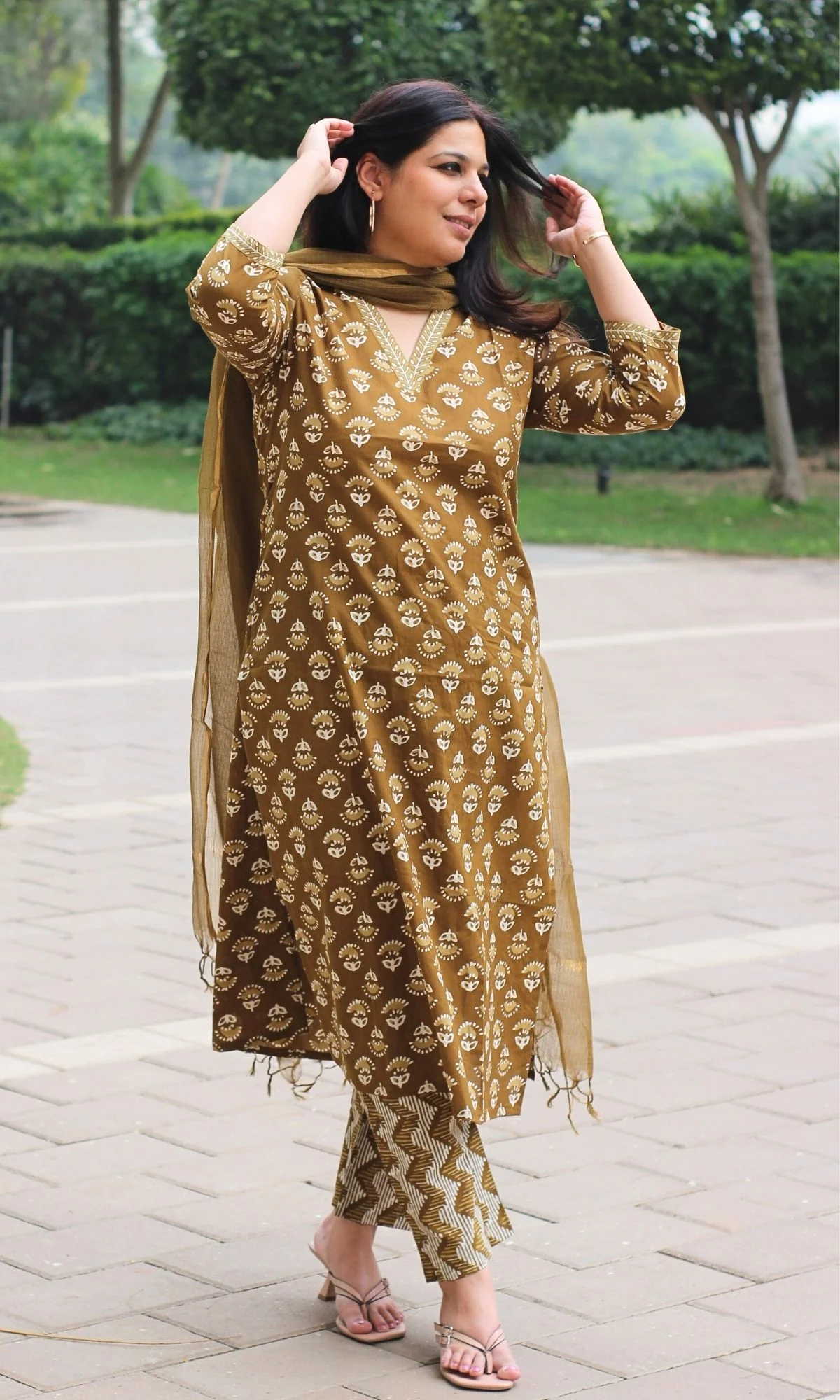 Cotton Earthy Brown Block Printed Suit Set with Kota Doria Dupatta - Image 5