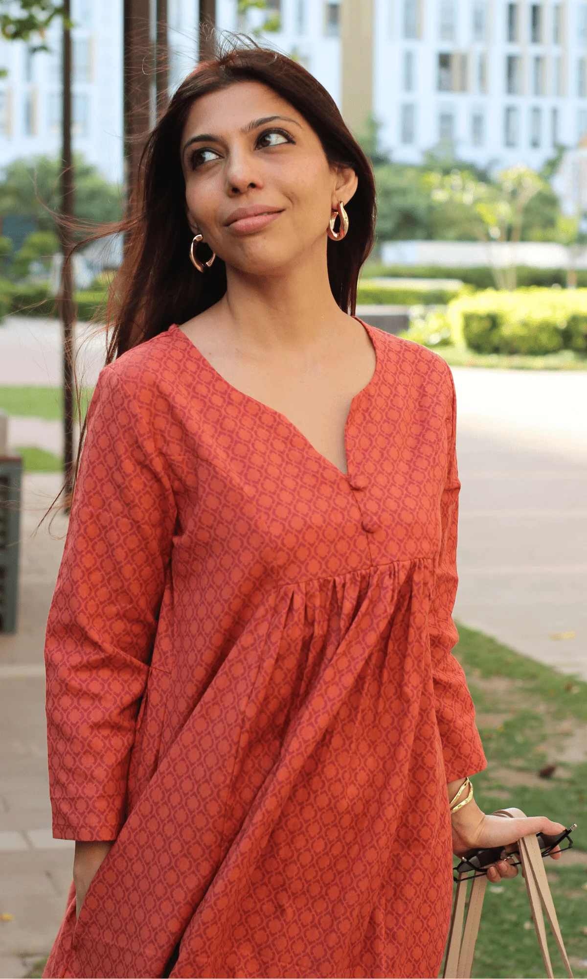 Cotton Flex Burnt Orange Buttoned Pleated Co-ord - Image 2