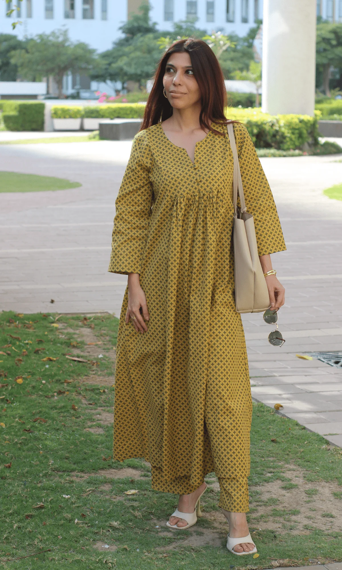 Cotton Flex Mustard Printed Buttoned Pleated Co-ord - Image 2
