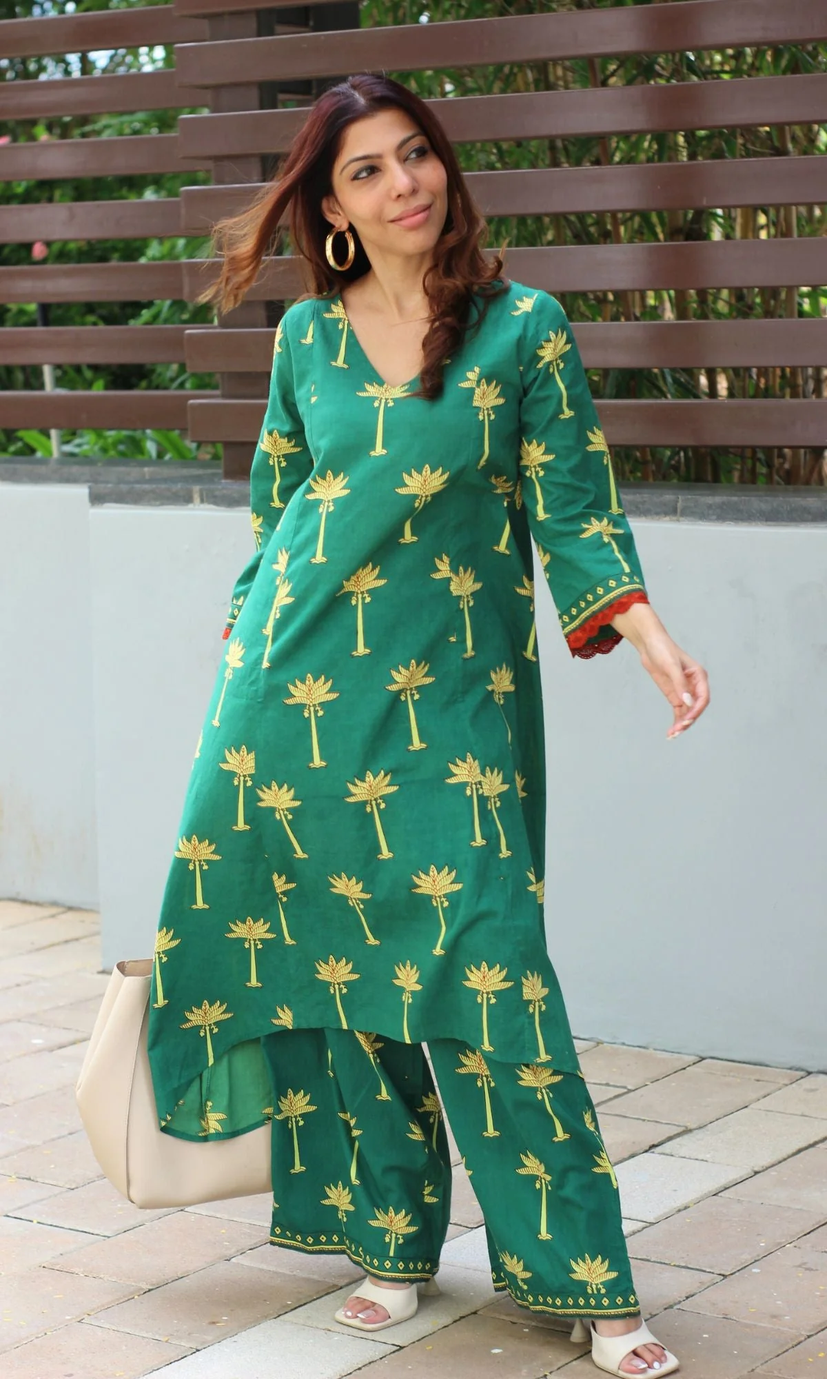 Cotton Green Palm Tree High Low Kurta and Palazzo - Image 6