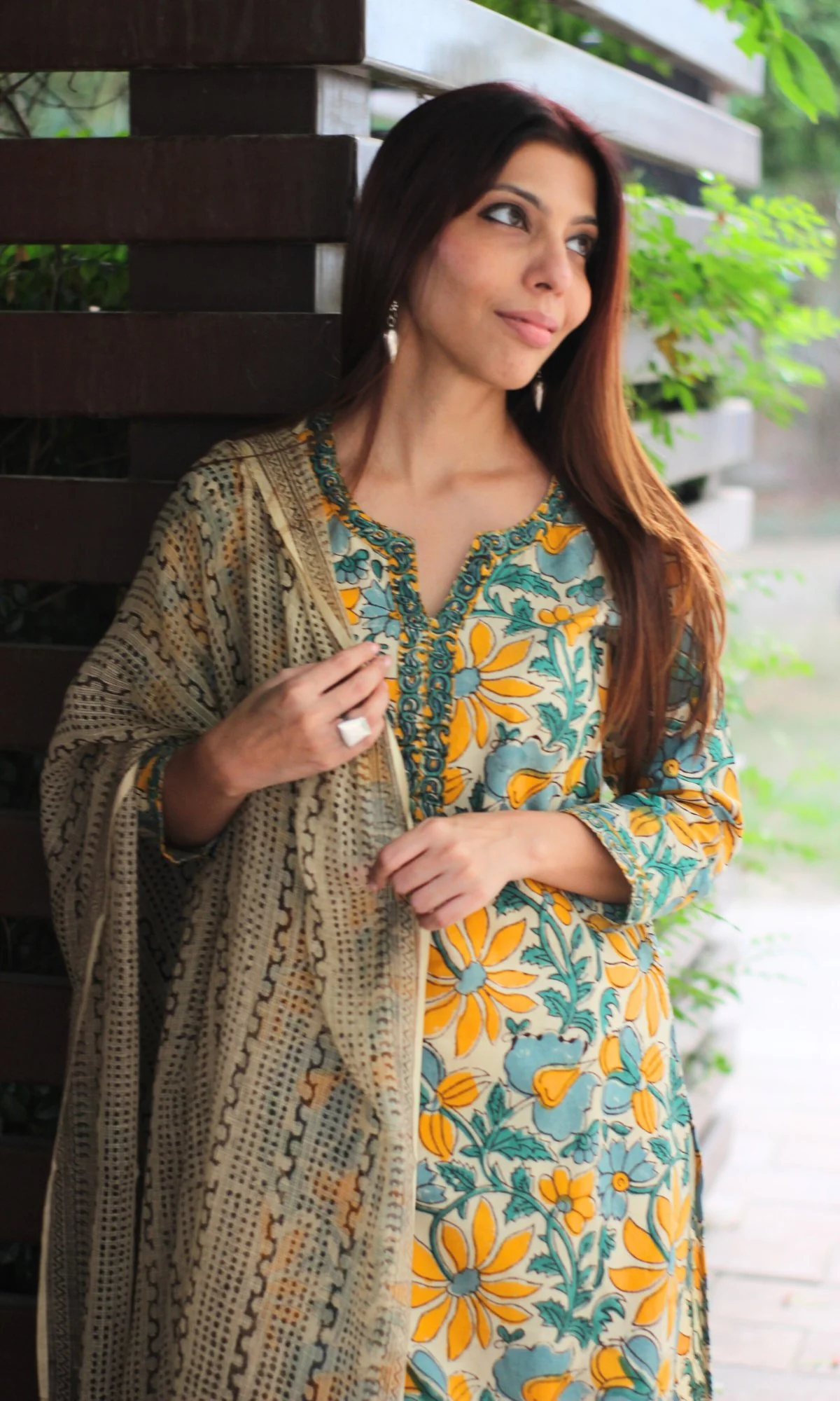 Cotton Green & Yellow Kalamkari Handblock Suit with Printed Dupatta - Image 2