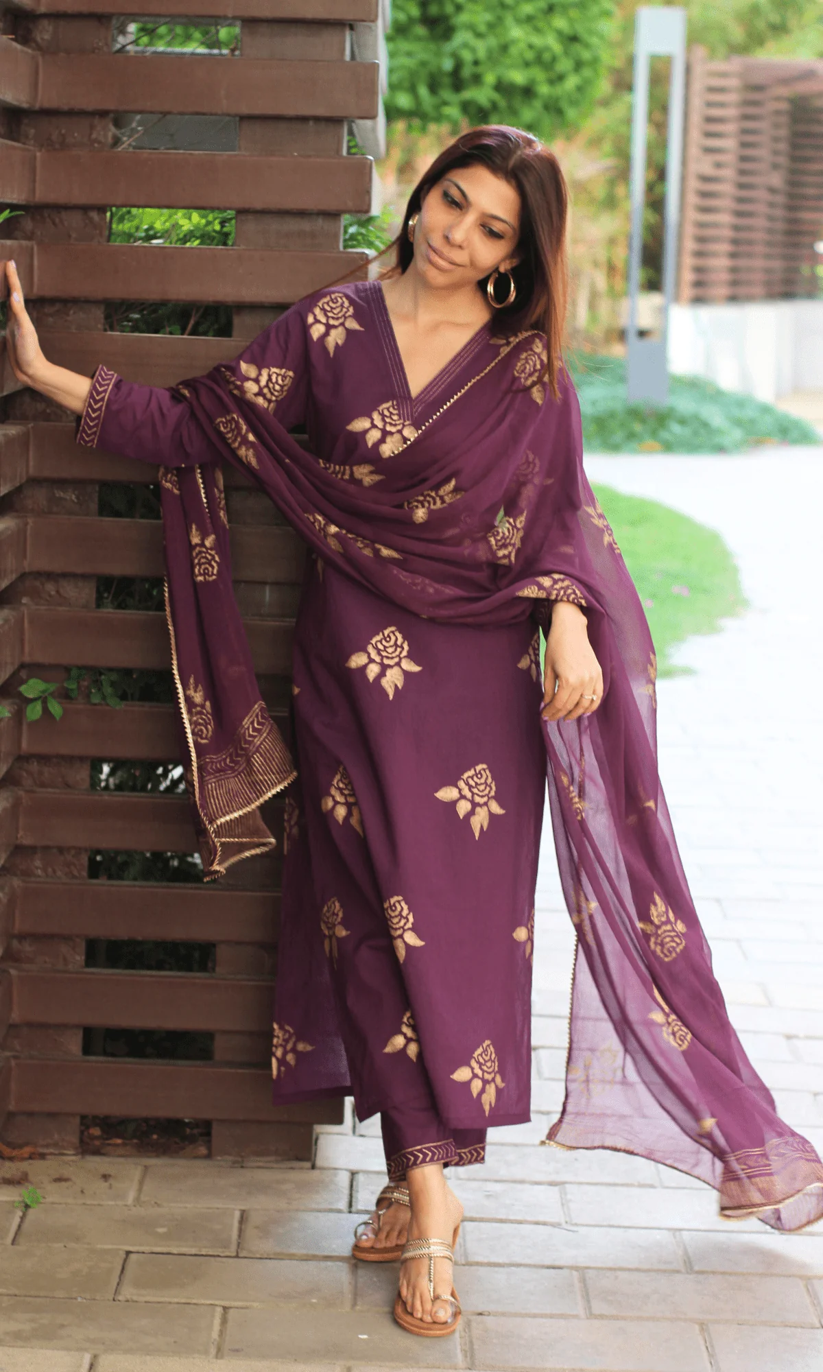Cotton Hand Block Plum Gold Mughal Print Suit with Chiffon Printed Laced Dupatta - Image 2