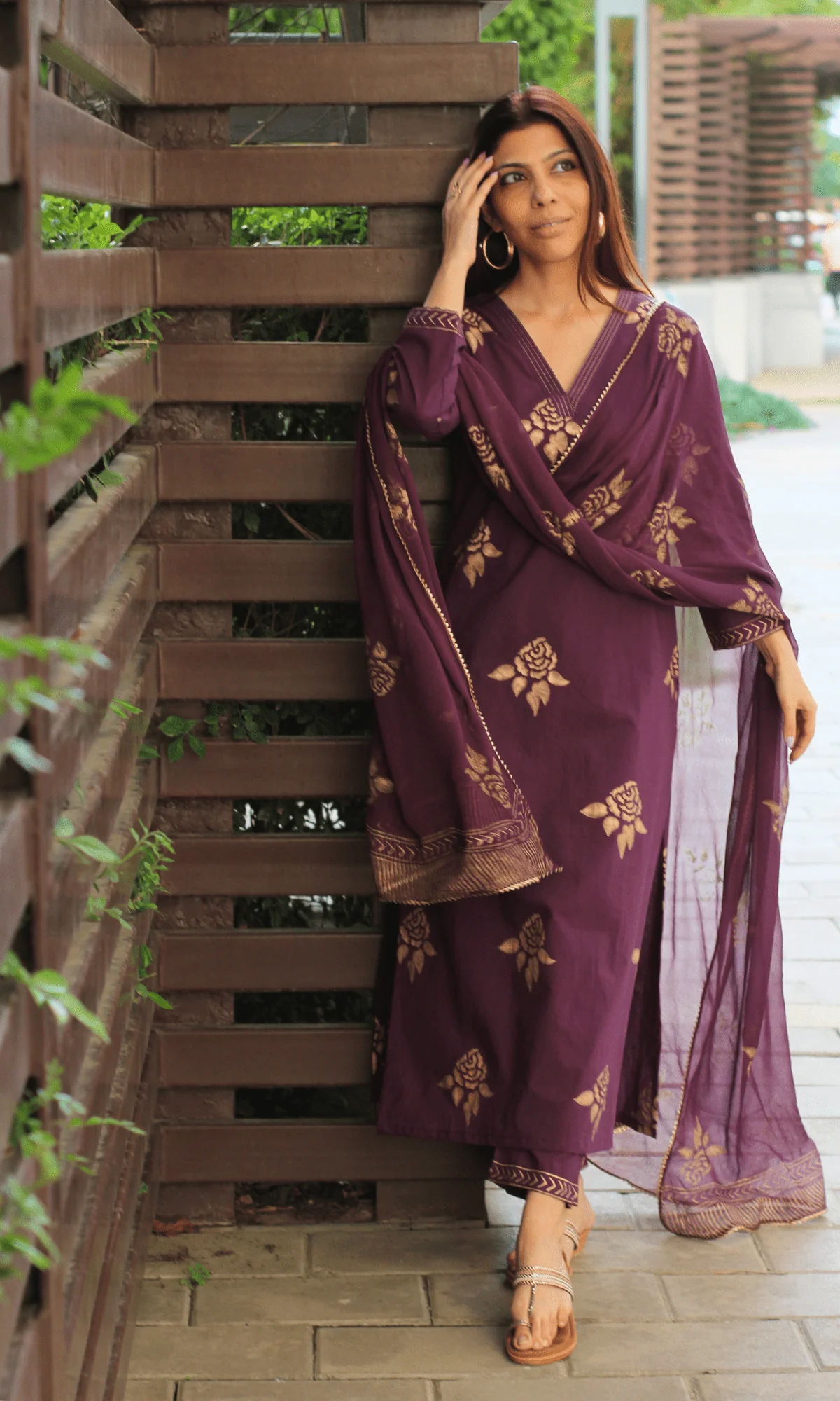Cotton Hand Block Plum Gold Mughal Print Suit with Chiffon Printed Laced Dupatta - Image 6