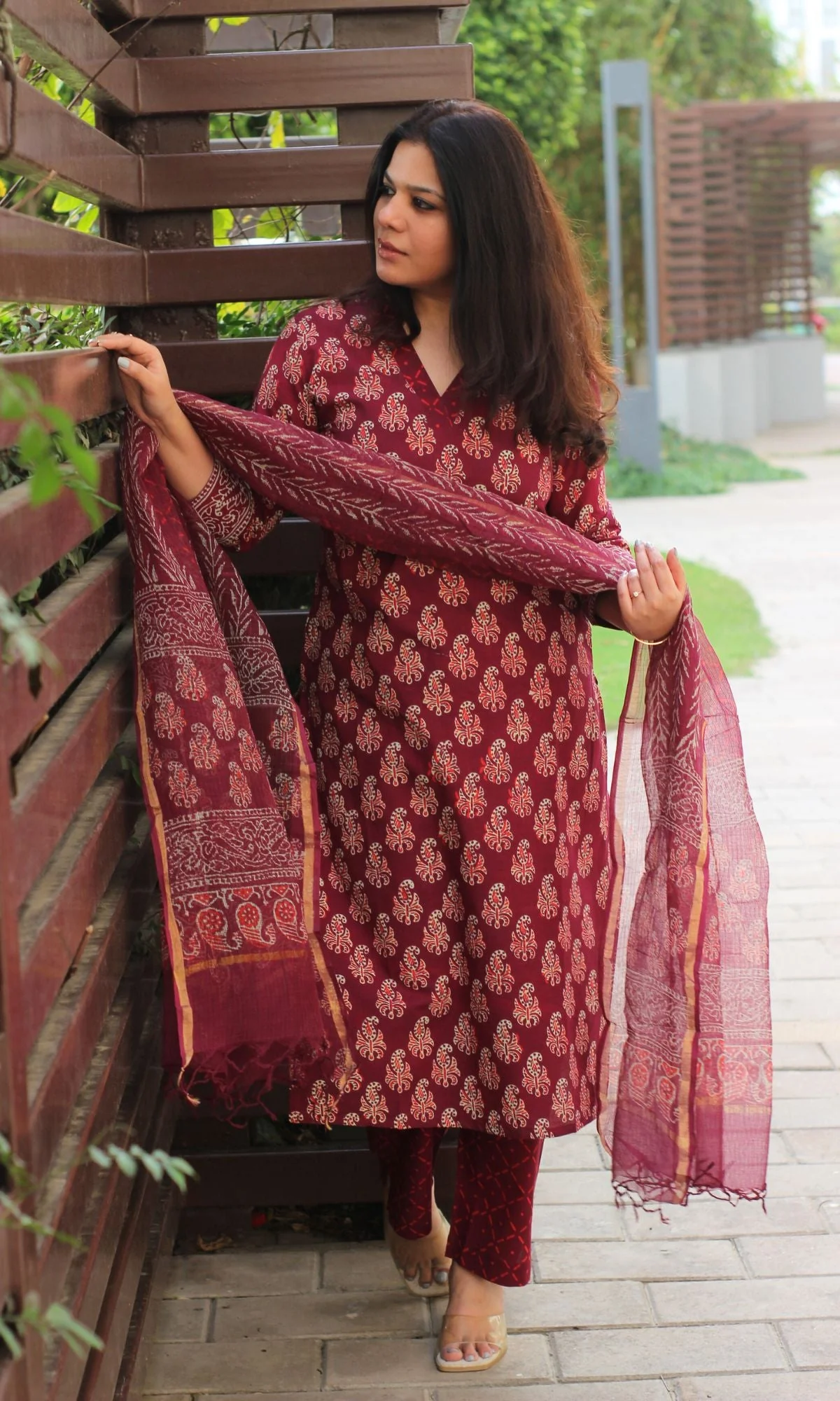 Cotton Handblock Badmeri Print Wine Suit Set with Kota Doria Dupatta - Image 3