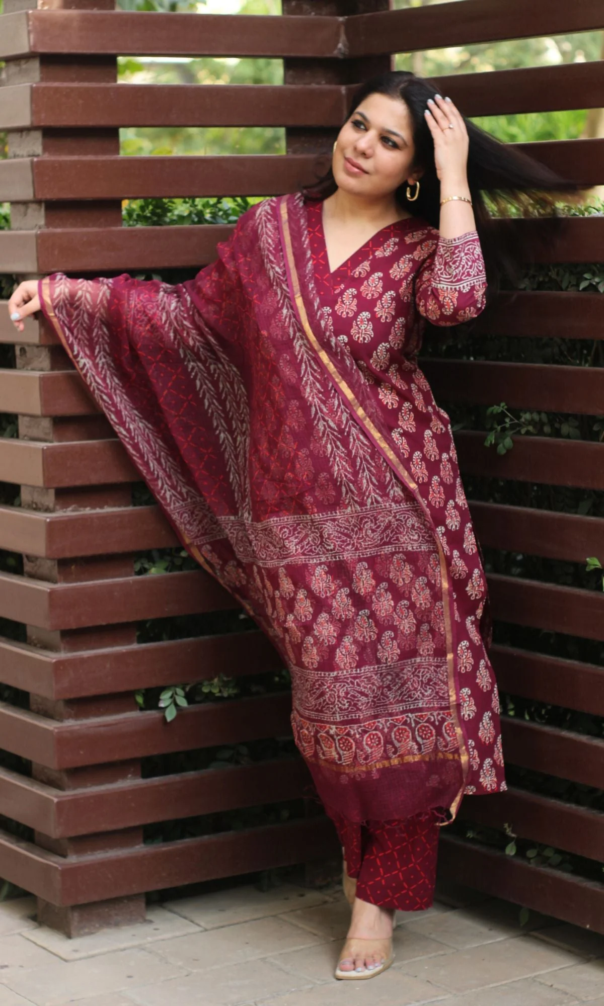 Cotton Handblock Badmeri Print Wine Suit Set with Kota Doria Dupatta - Image 4
