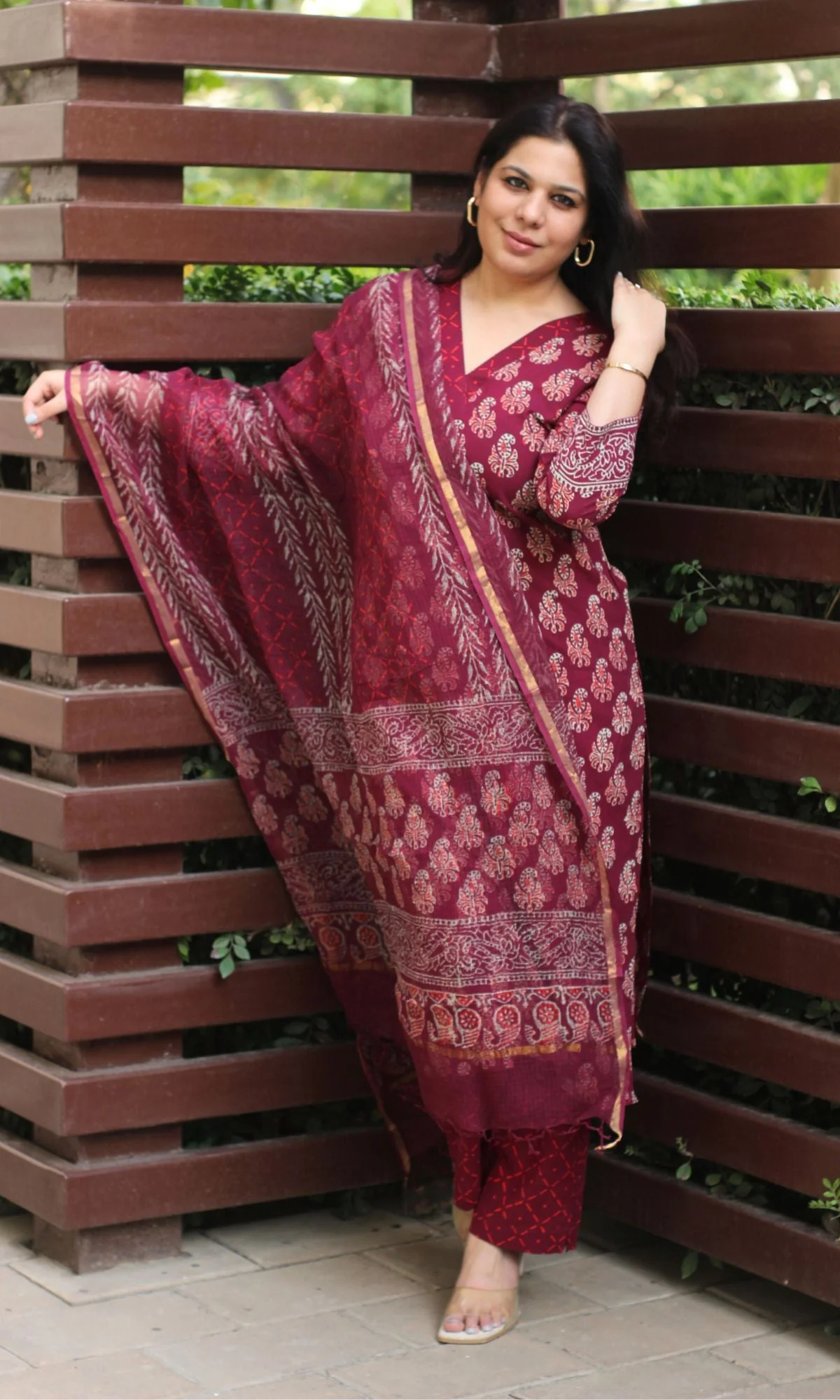 Cotton Handblock Badmeri Print Wine Suit Set with Kota Doria Dupatta - Image 5