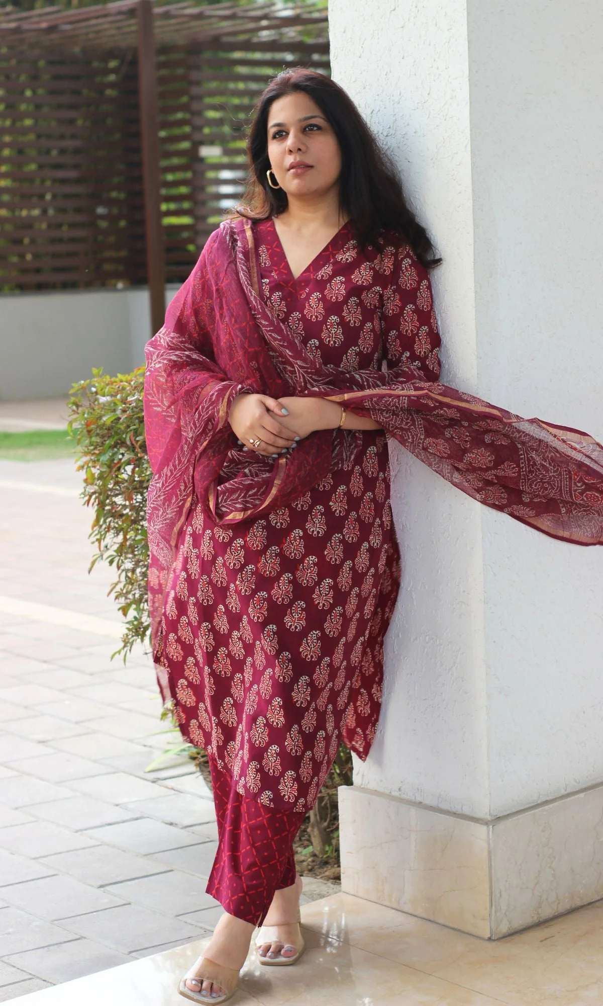 Cotton Handblock Badmeri Print Wine Suit Set with Kota Doria Dupatta - Image 6