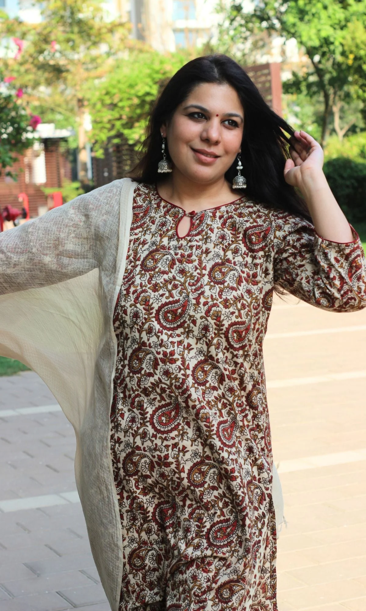 Cotton Handblock Beige Bagru Kalamkari Suit Set with Kota Doria Dupatta - Image 5