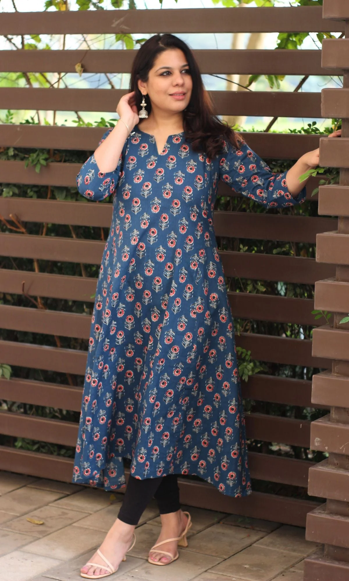 Cotton Block Print Blue Kali Kurta - Image 3