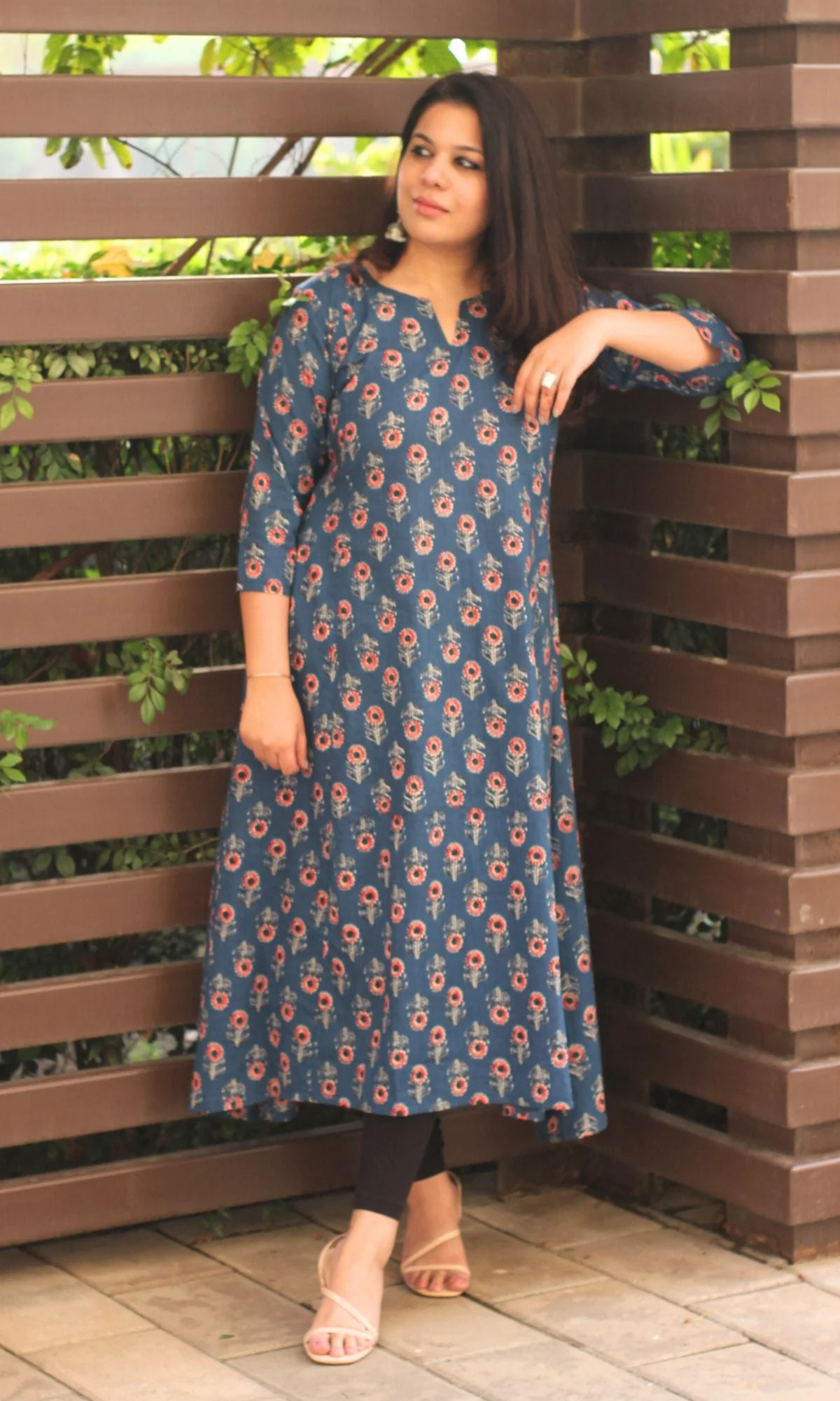 Cotton Block Print Blue Kali Kurta - Image 4