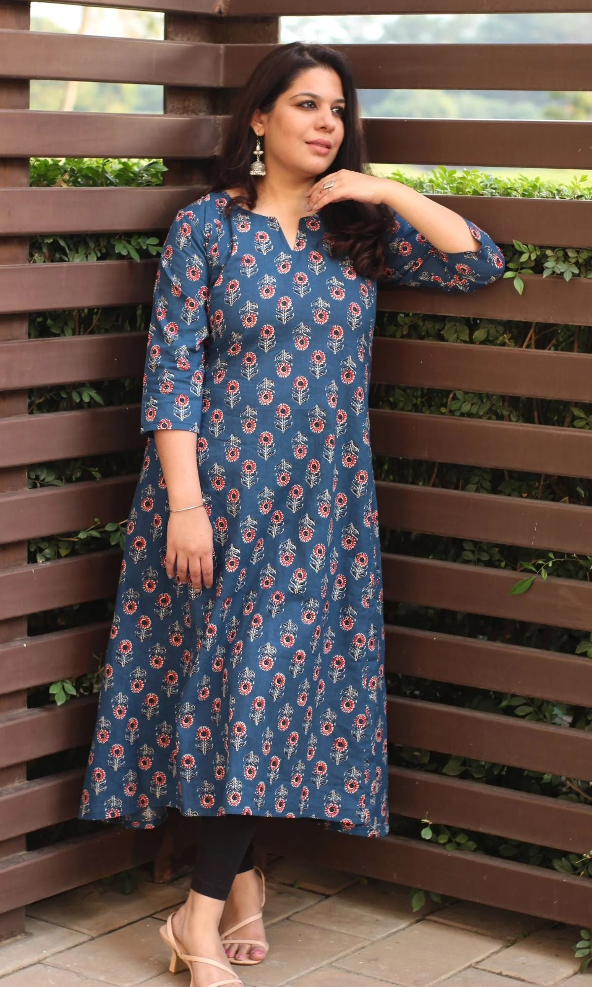 Cotton Block Print Blue Kali Kurta - Image 5