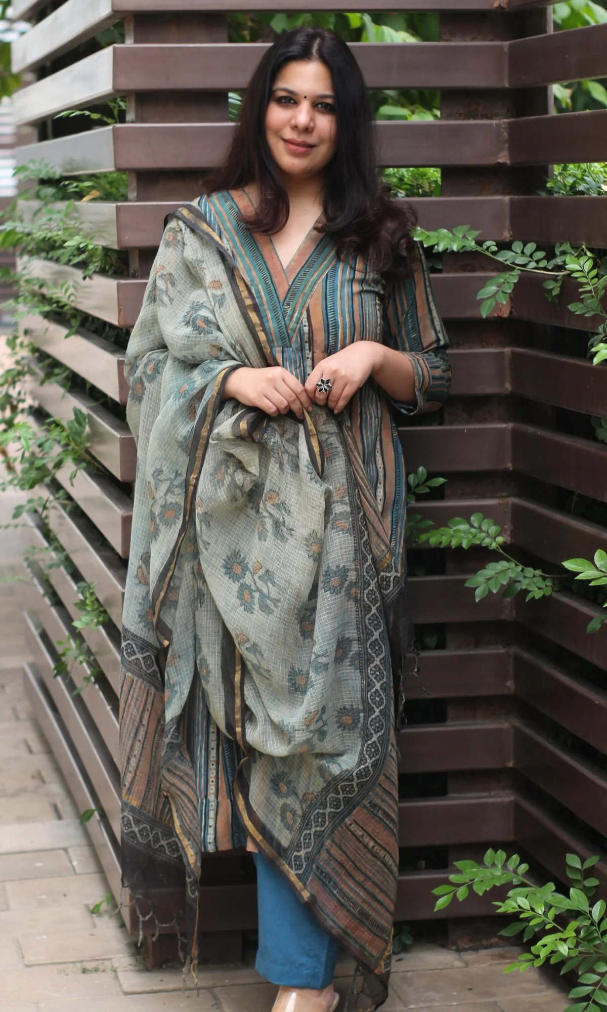 Cotton Handblock Blue Vanaspati Ajrakh Print Suit Set with Kota Doria Dupatta - Image 3