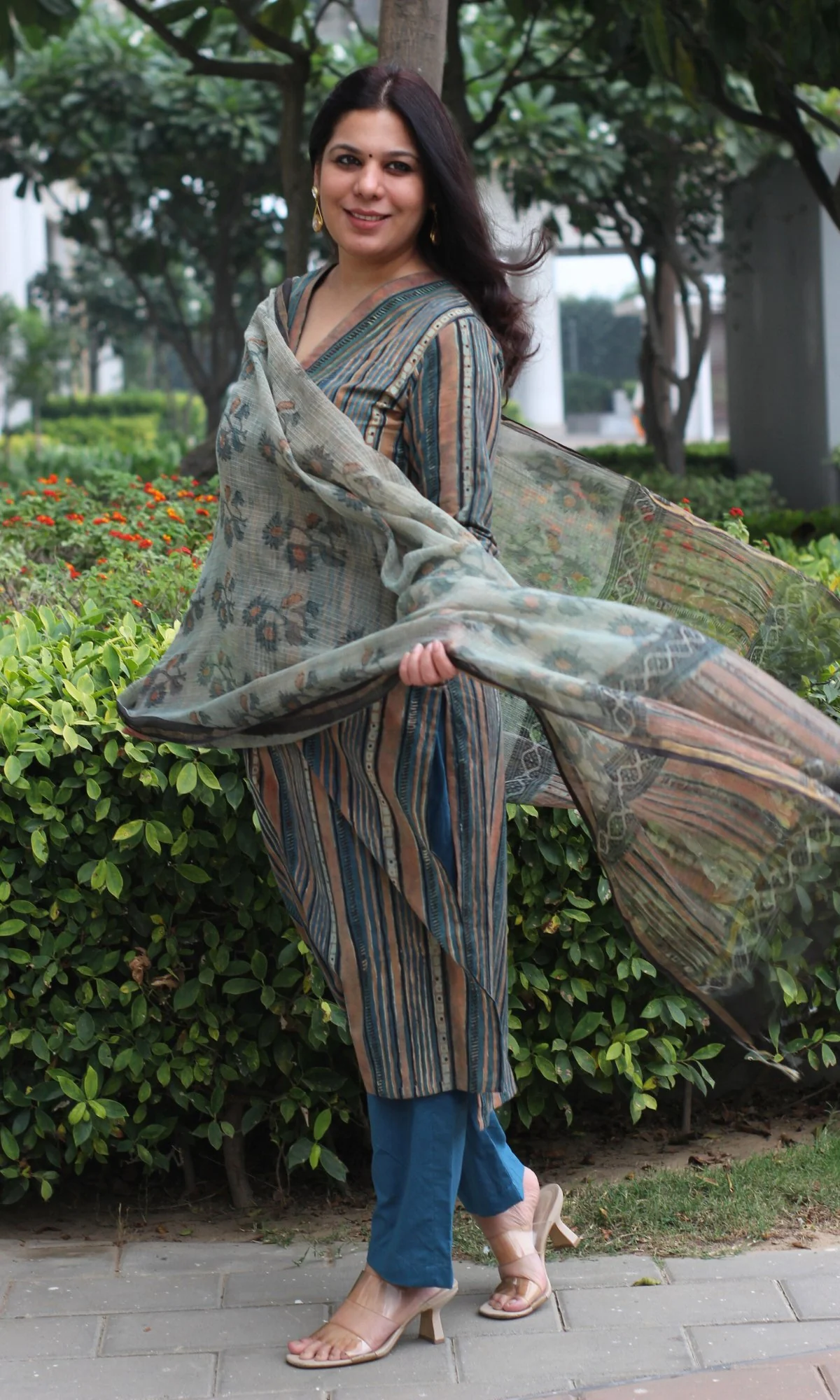 Cotton Handblock Blue Vanaspati Ajrakh Print Suit Set with Kota Doria Dupatta - Image 4