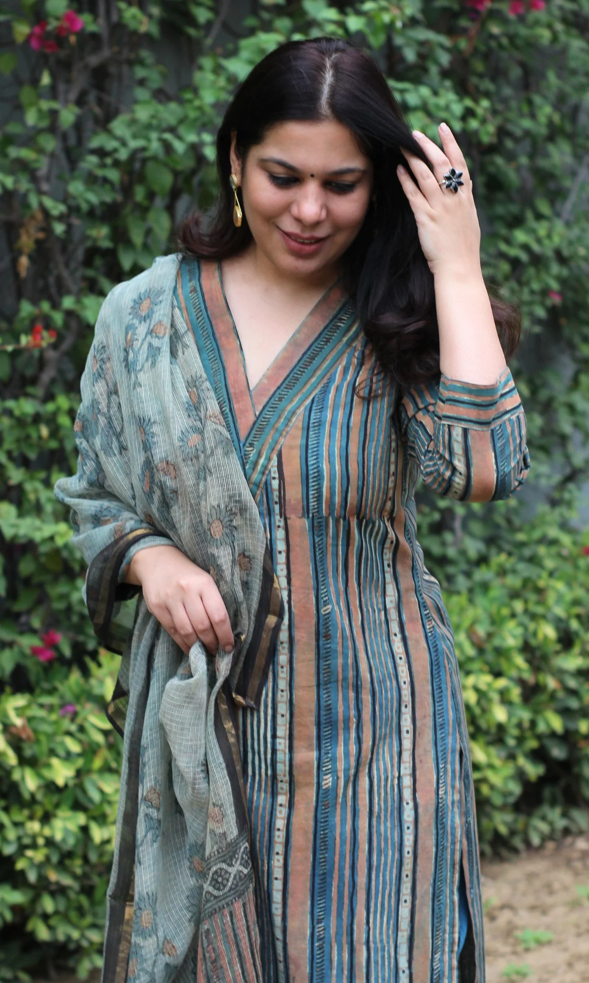 Cotton Handblock Blue Vanaspati Ajrakh Print Suit Set with Kota Doria Dupatta - Image 5
