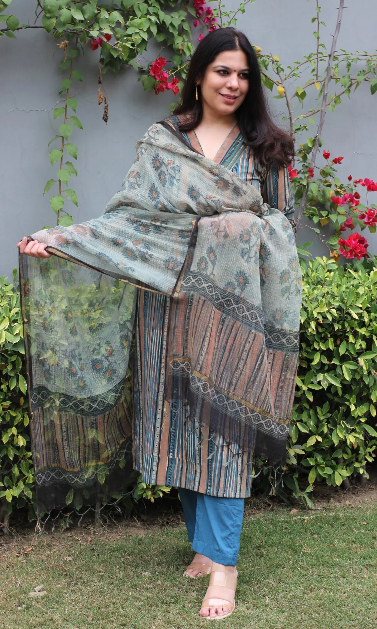 Cotton Handblock Blue Vanaspati Ajrakh Print Suit Set with Kota Doria Dupatta - Image 6