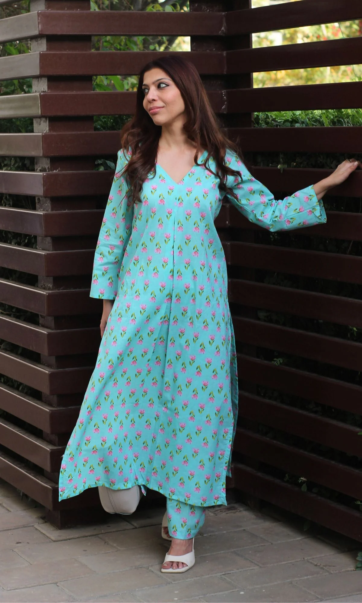 Cotton Block Print Aqua Pleated Kurta and Pants Set - Image 6