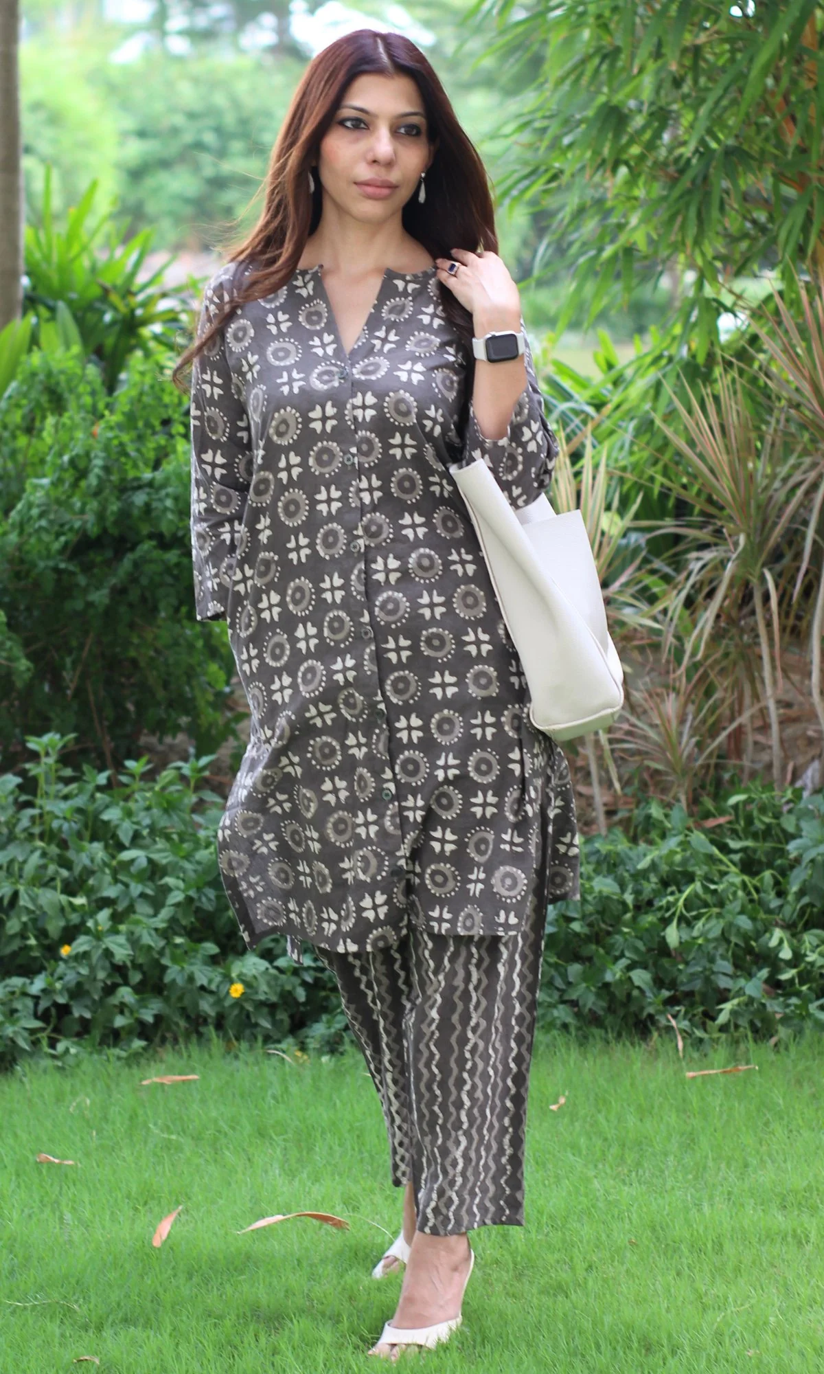Cotton Handblock Brown Shirt Style Coord Set - Image 4