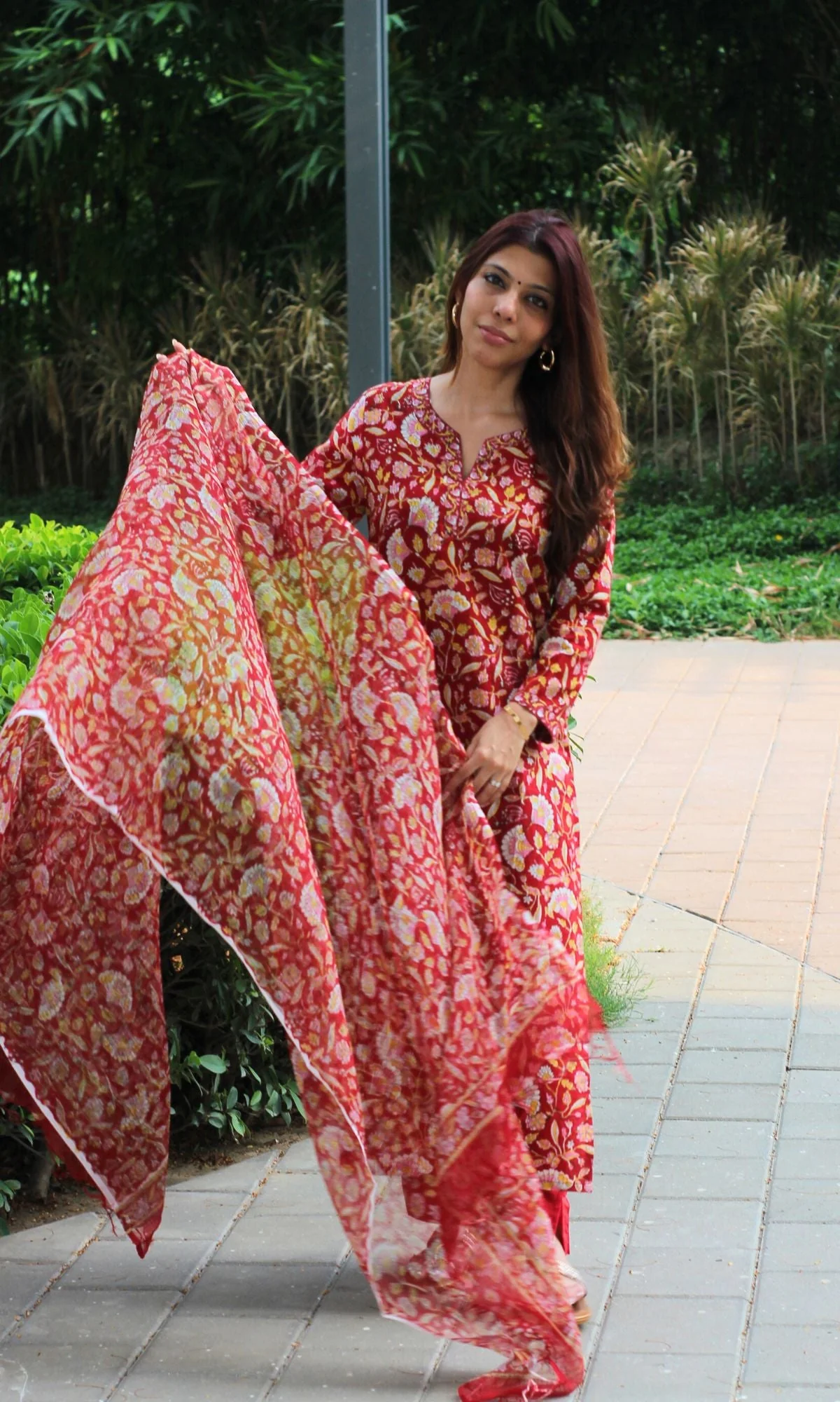 Cotton Handblock Deep Red Suit Set with Kota Doria Printed Dupatta - Image 5