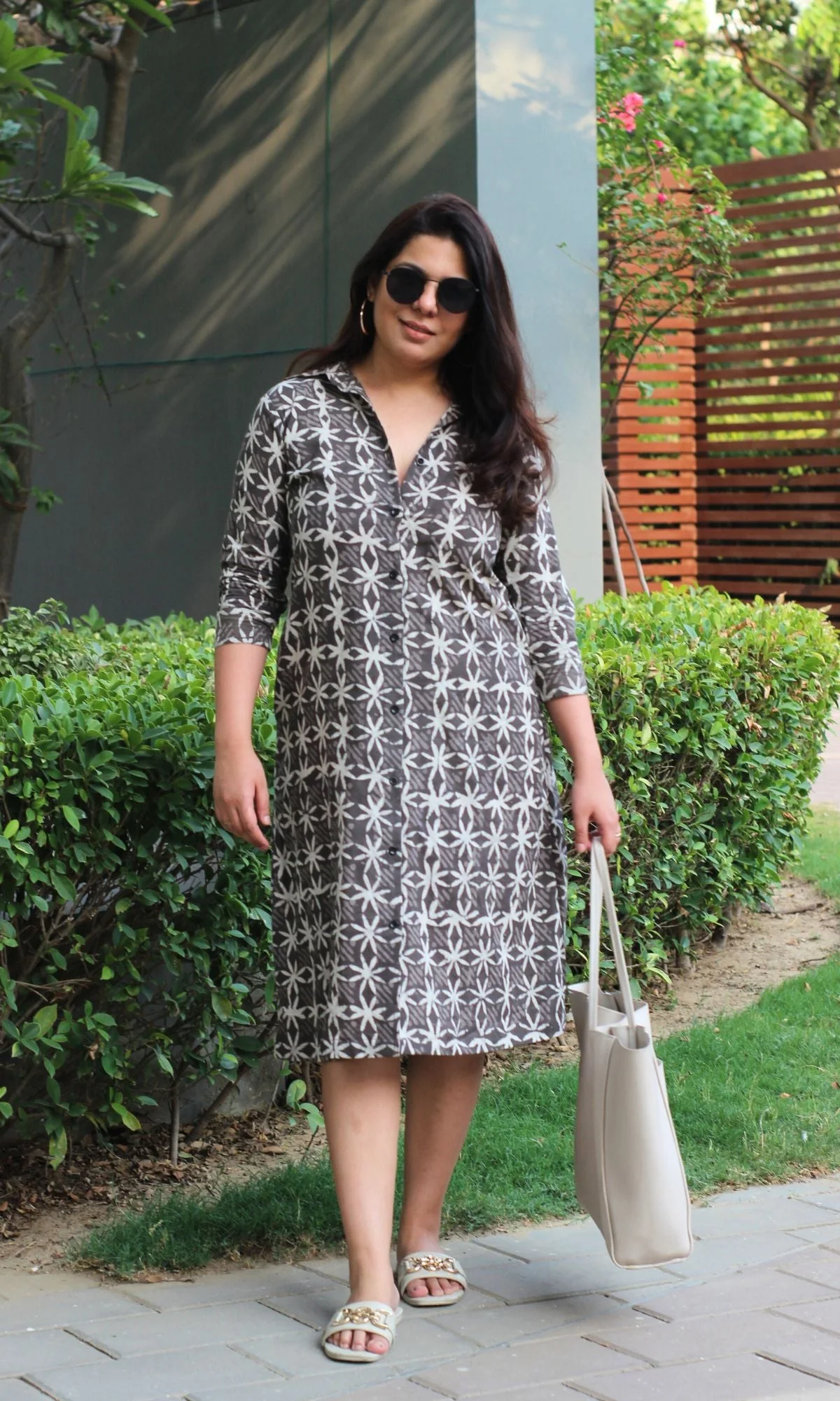 Cotton Handblock Earthy Flower Print Shirt Dress - Image 4
