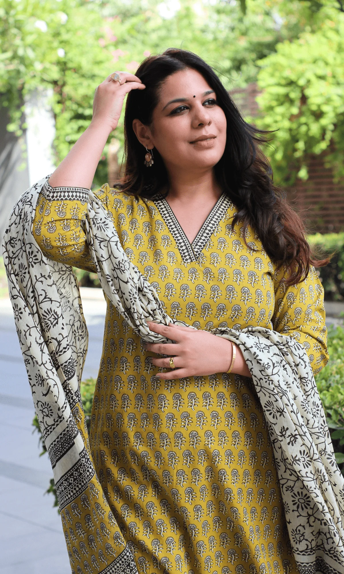 Cotton Handblock Earthy Yellow Suit with Mul Printed Dupatta - Image 5
