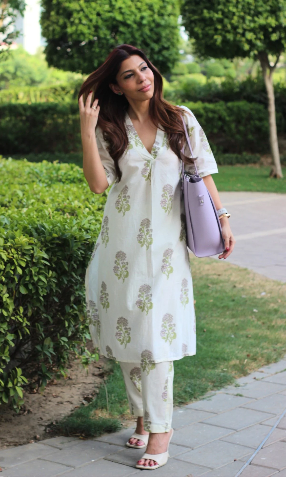 Cotton Handblock Flower Print Off White Pleated Coord - Image 2