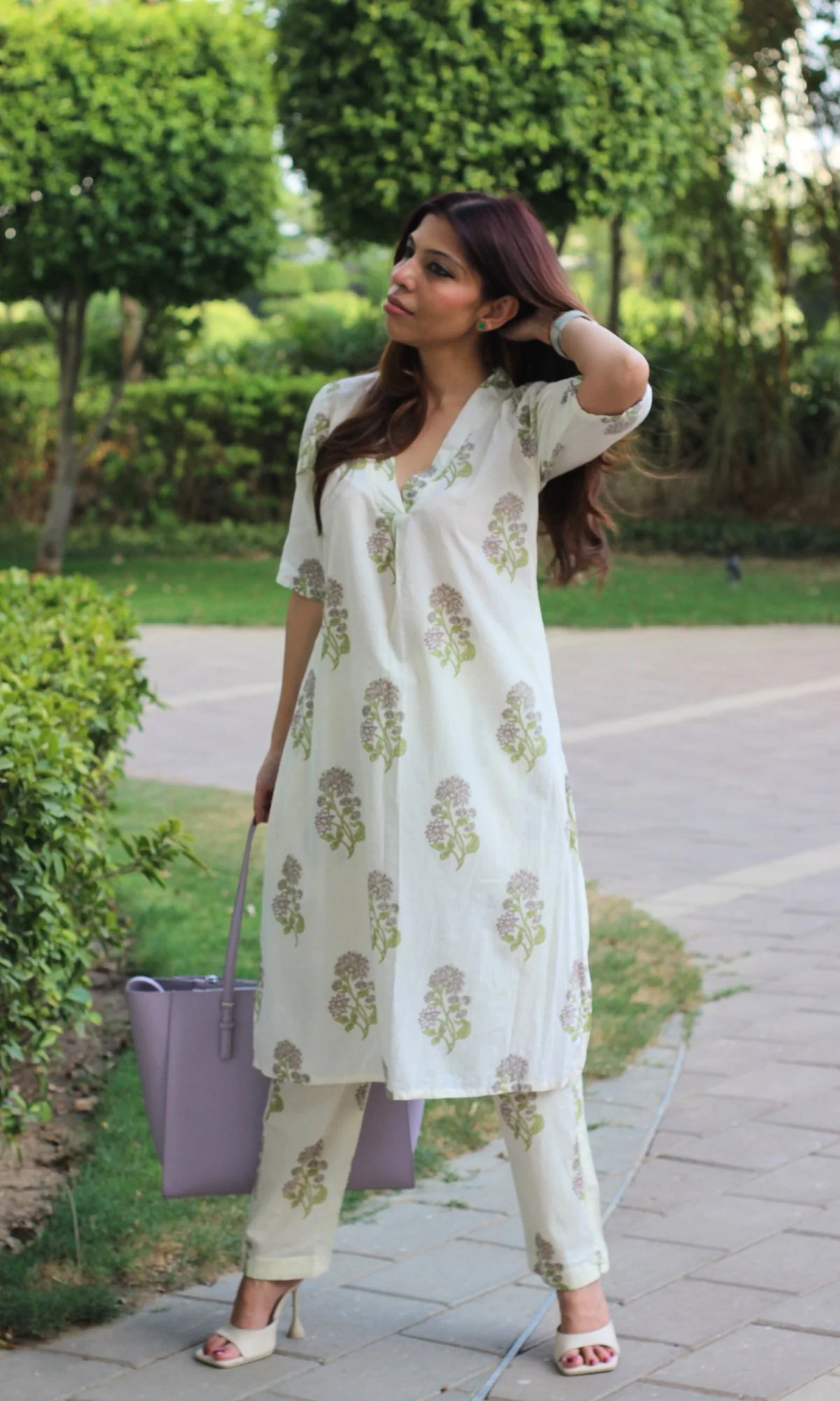 Cotton Handblock Flower Print Off White Pleated Coord - Image 3