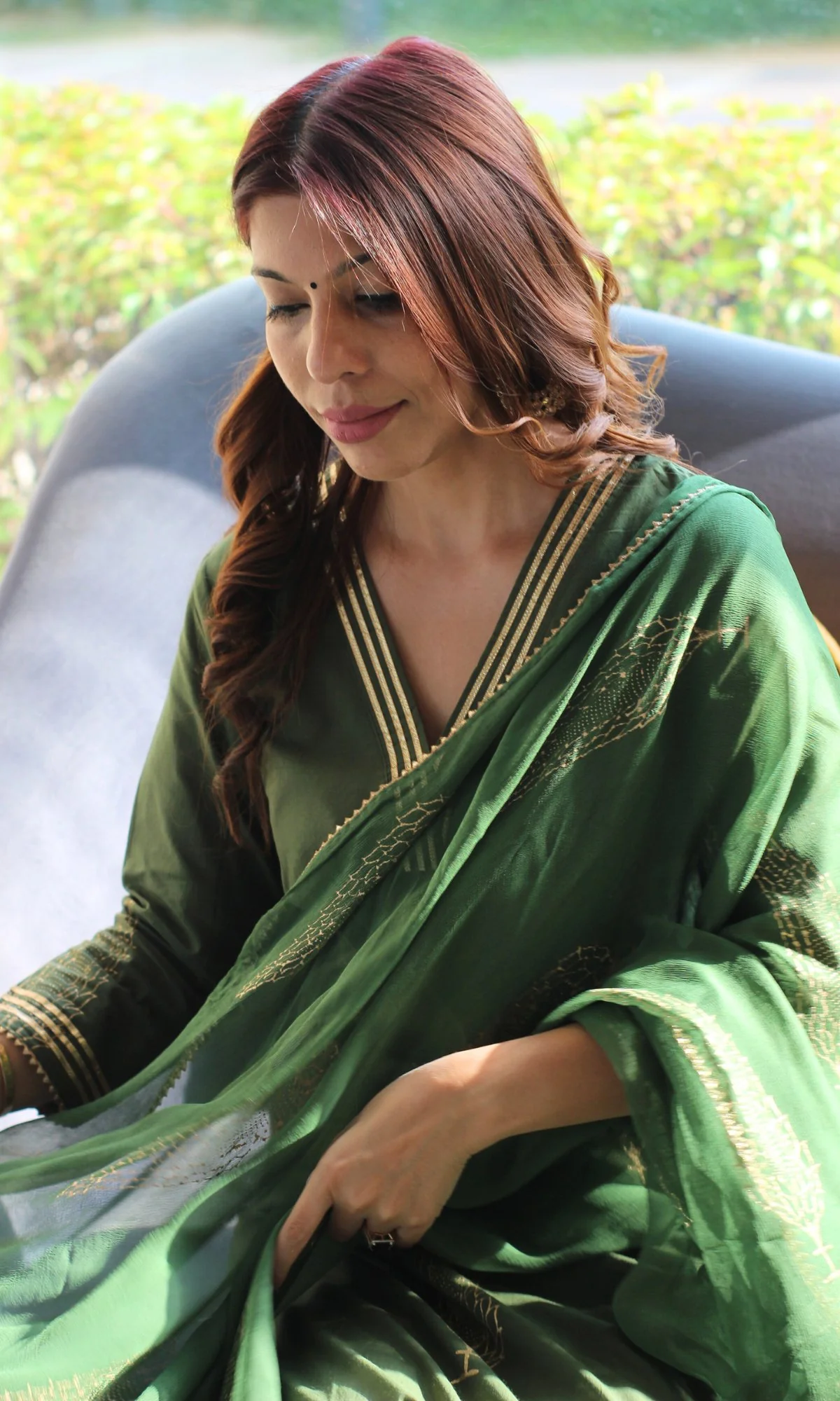 Cotton Handblock Green and Gold Kurta and Pants with Chiffon Dupatta - Image 3
