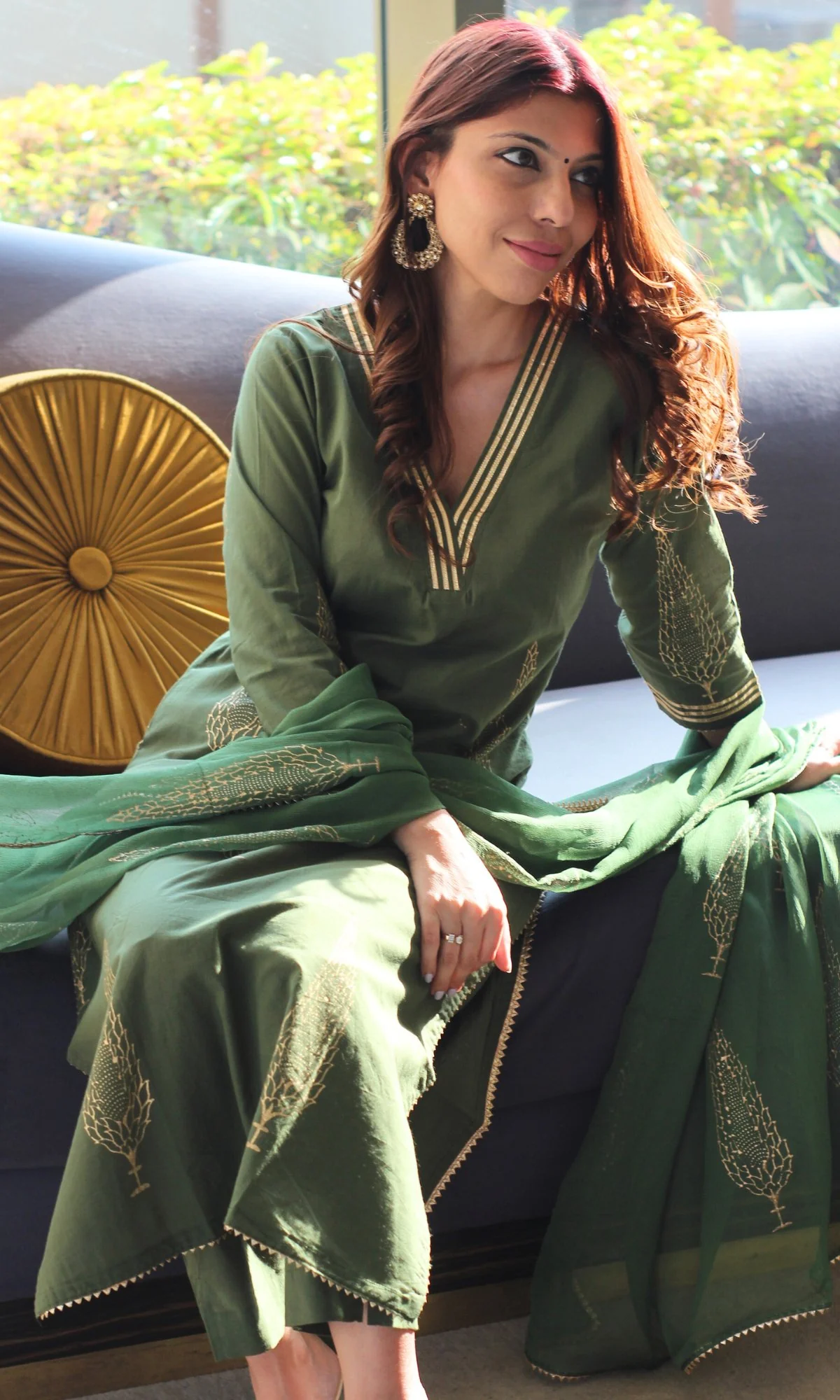 Cotton Handblock Green and Gold Kurta and Pants with Chiffon Dupatta - Image 6