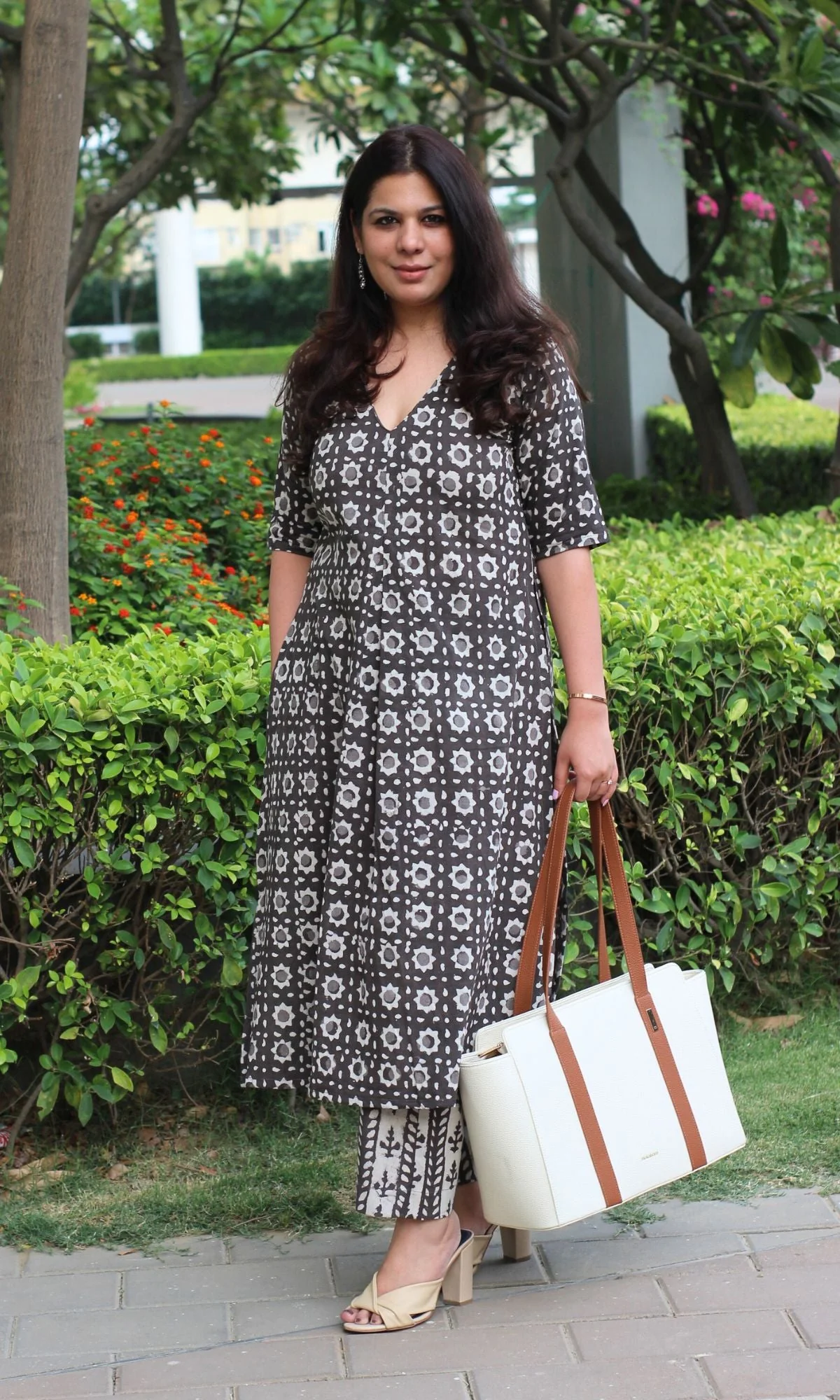 Cotton Dabu Print Dark Brown Box Pleat Kurta and Pants